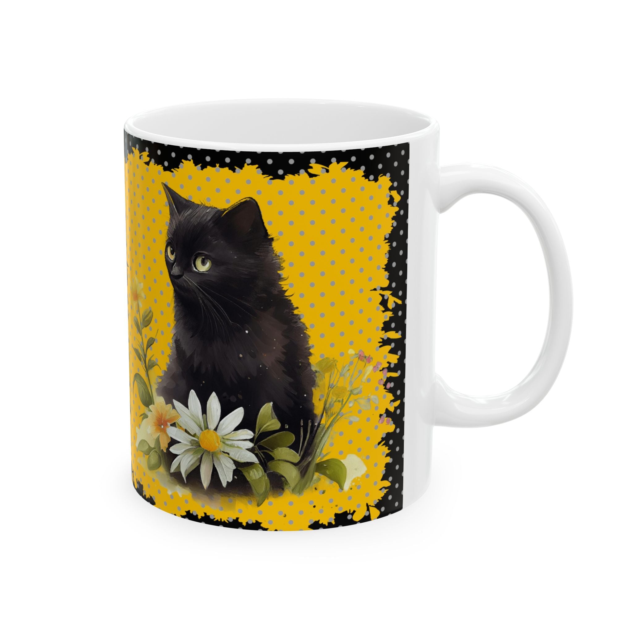 Black Cat Daisy Mug – Cute Floral Cat Aesthetic Coffee Cup