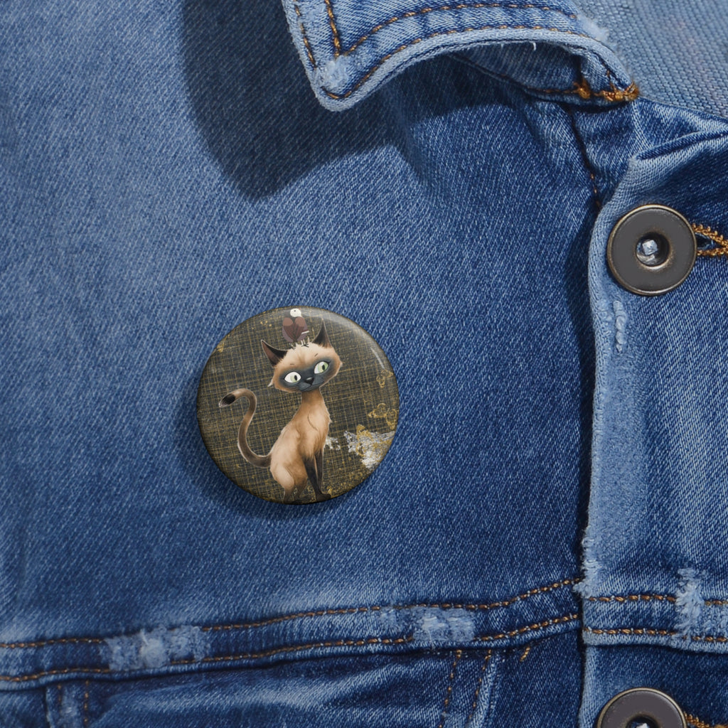 Curious Siamese Cat Pin – Whimsical Cat & Bird Button