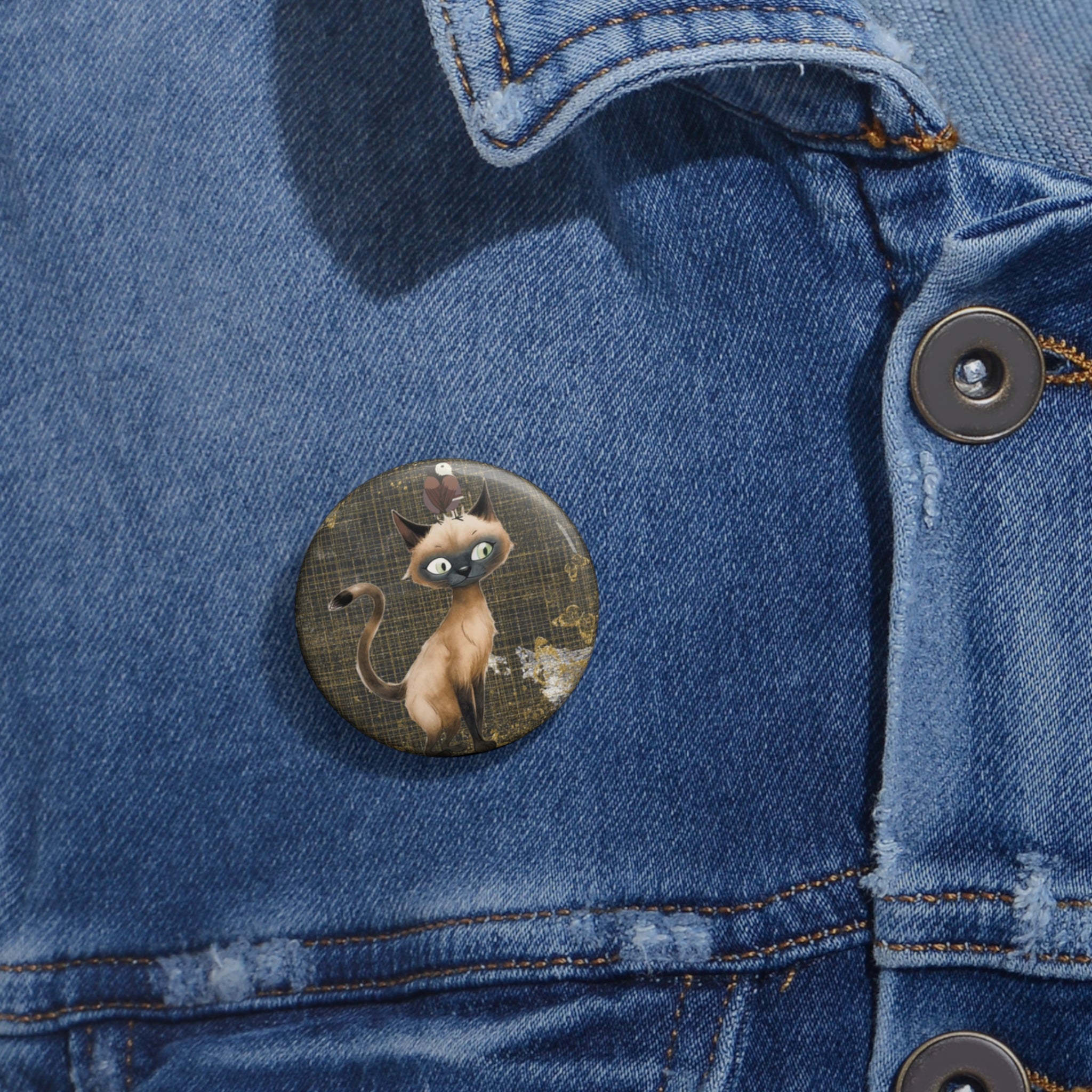 Curious Siamese Cat Pin – Whimsical Cat & Bird Button