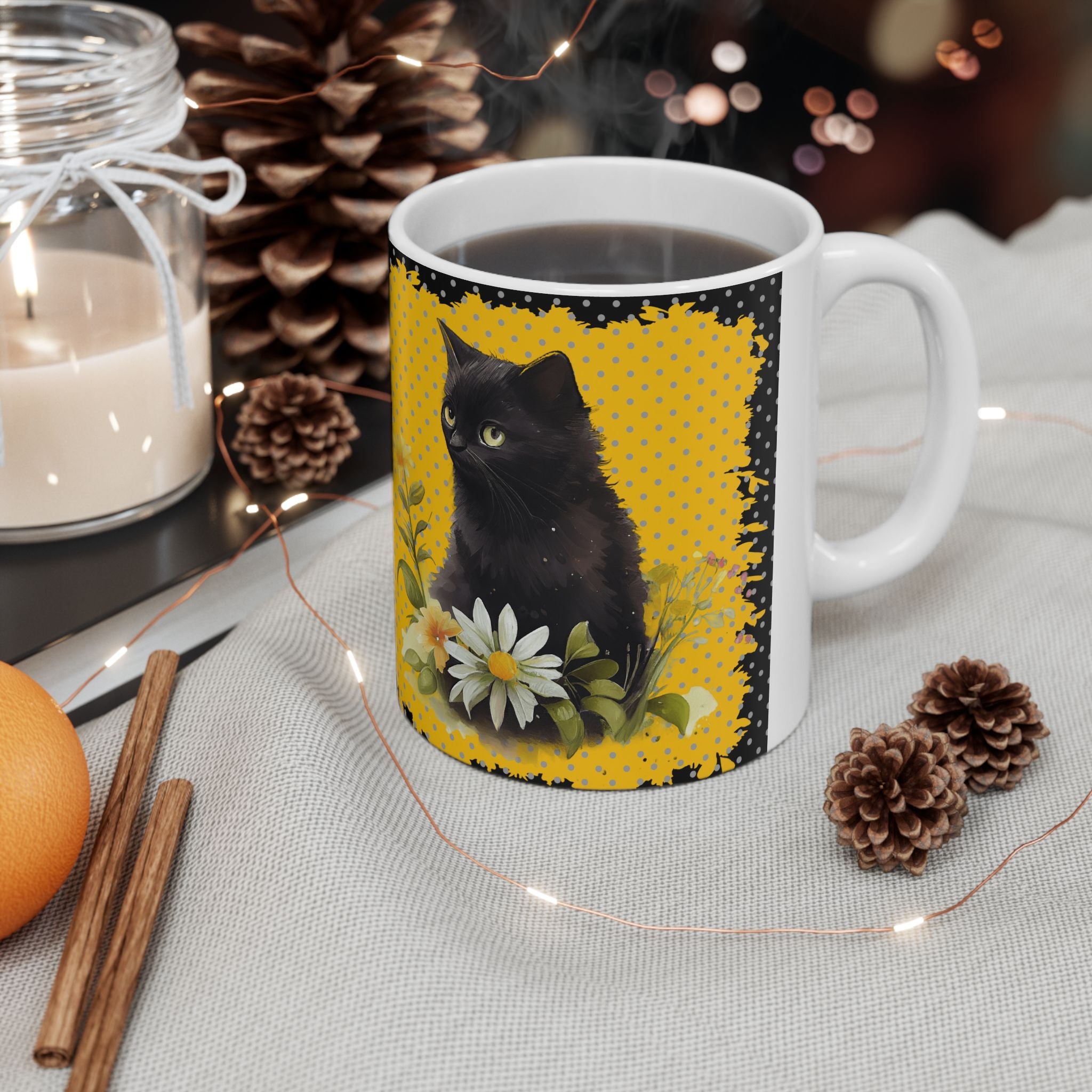 Black Cat Daisy Mug – Cute Floral Cat Aesthetic Coffee Cup