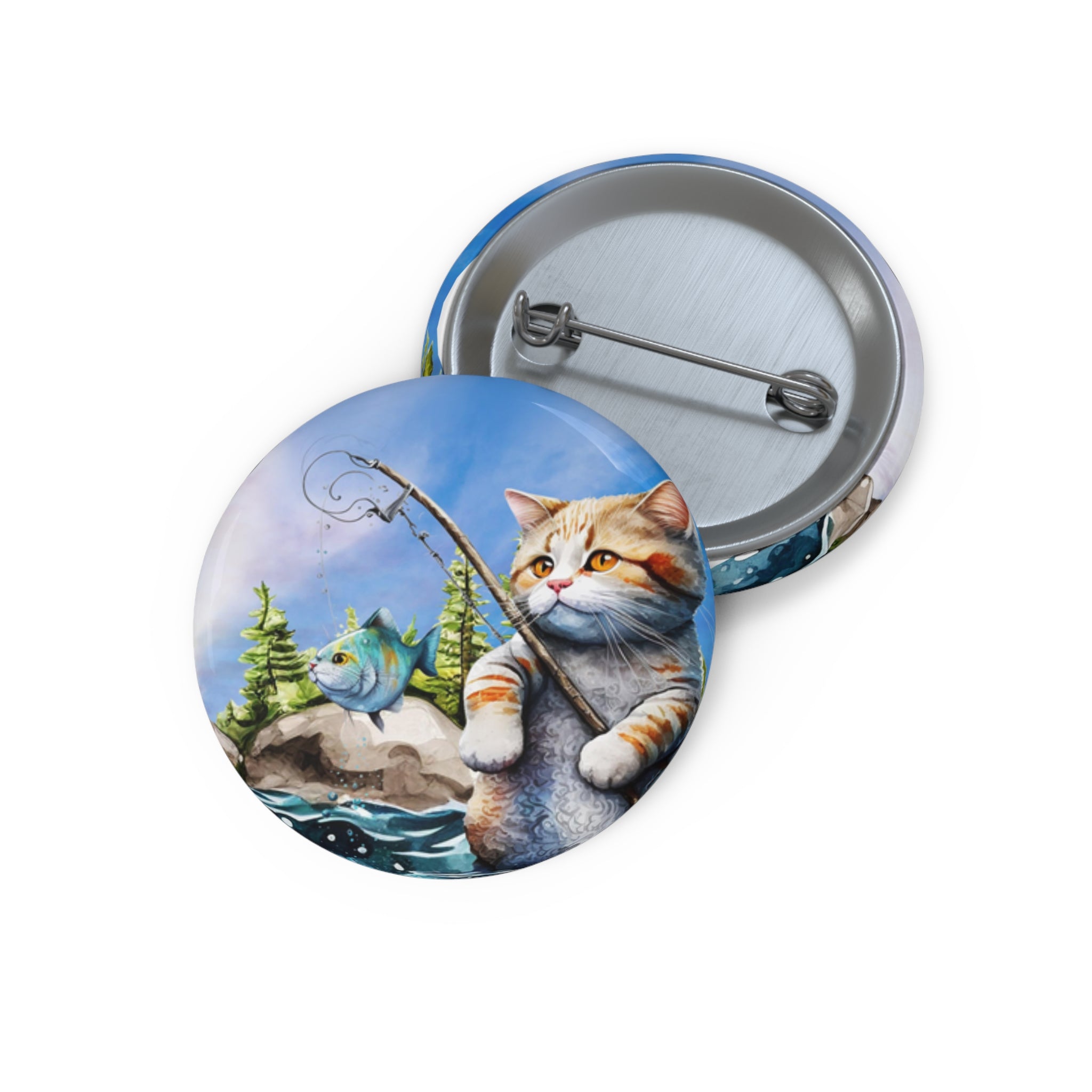 Fishing Cat Pin – Whimsical Cat Catching Fish Button