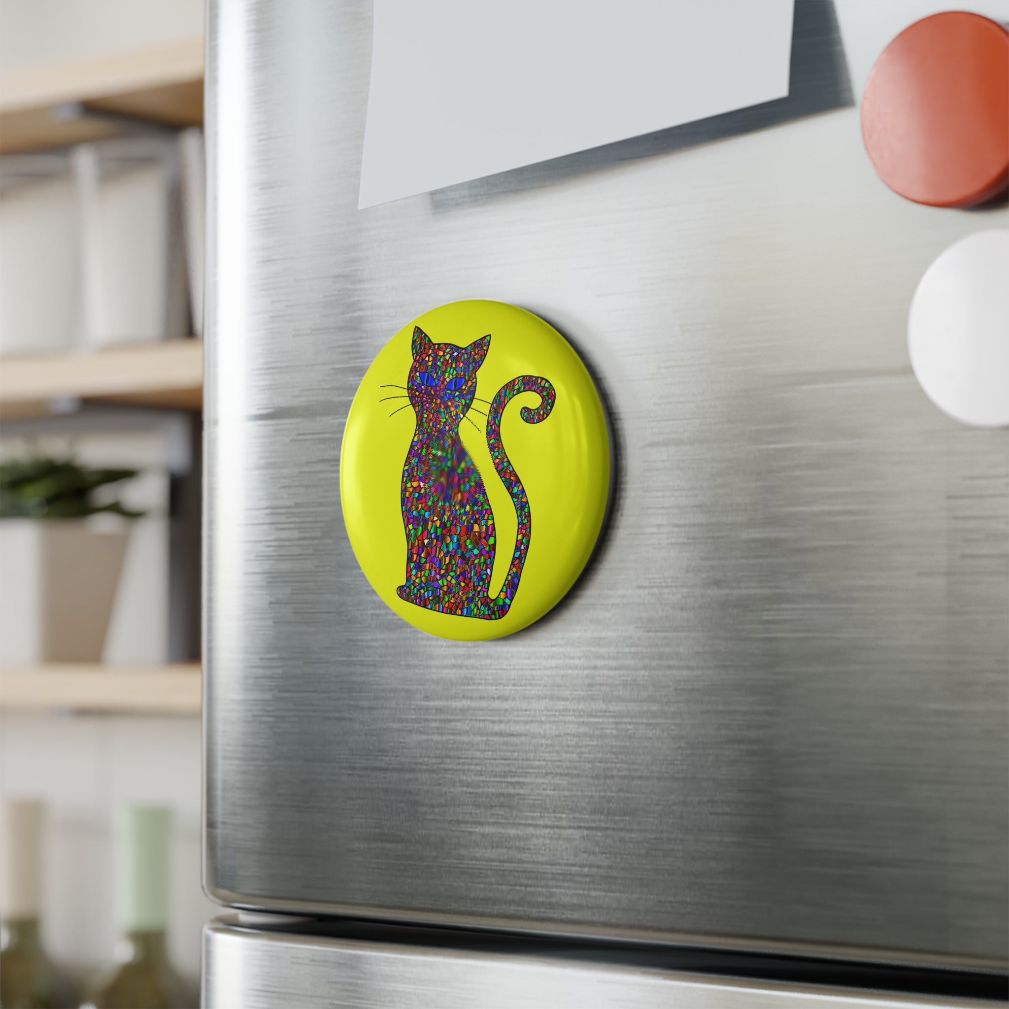 Mosaic Cat Magnet – Rainbow Mosaic Kitty on Bright Yellow Modern Decor
