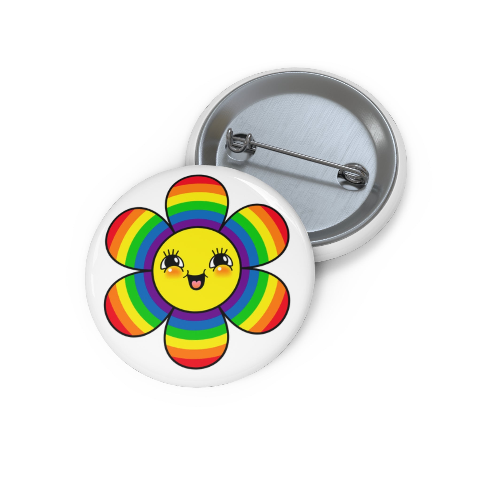 Rainbow Smiley Flower Button Pin – Cute & Happy Vibes