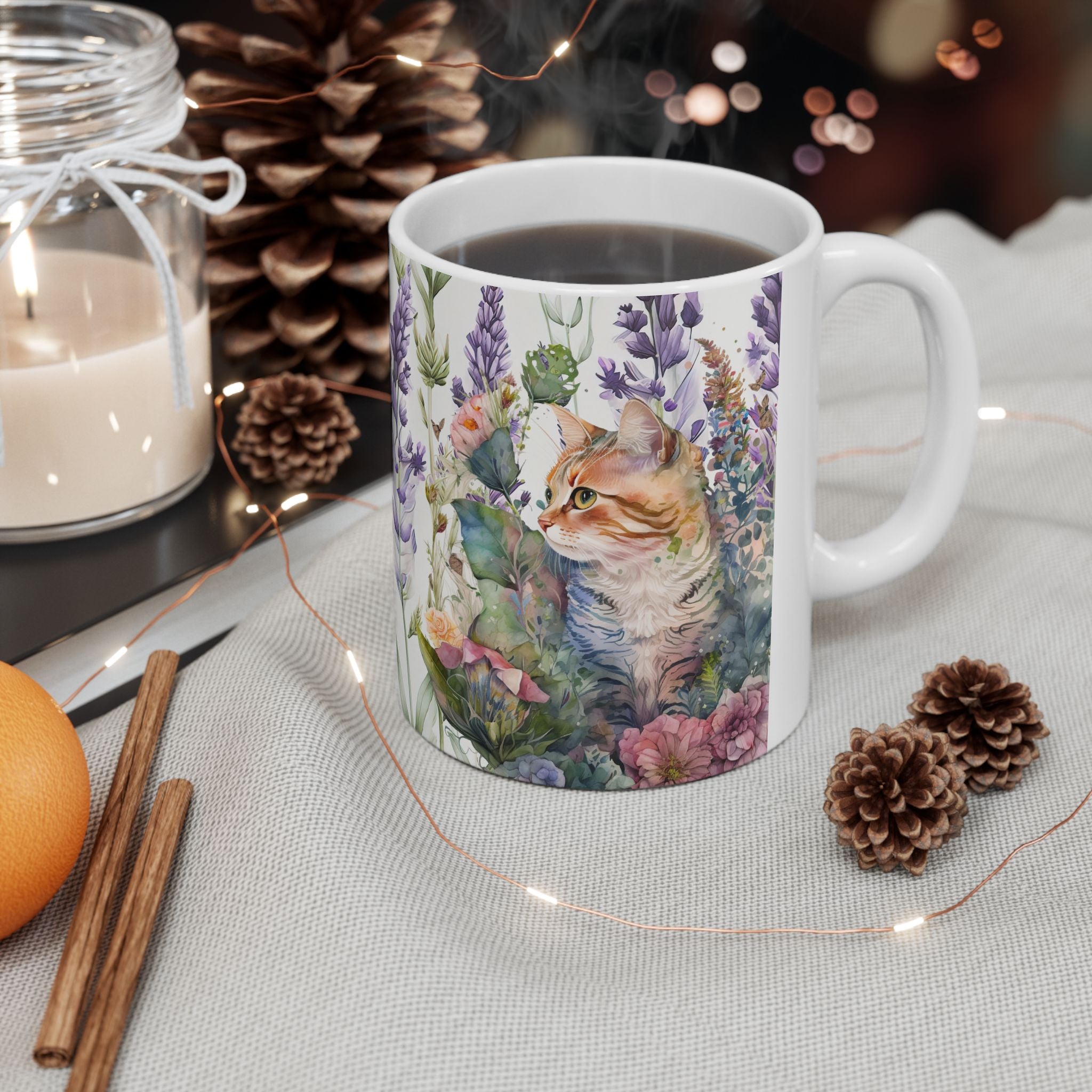 Botanical Cat Mug – Watercolor Floral Kitty Coffee Cup