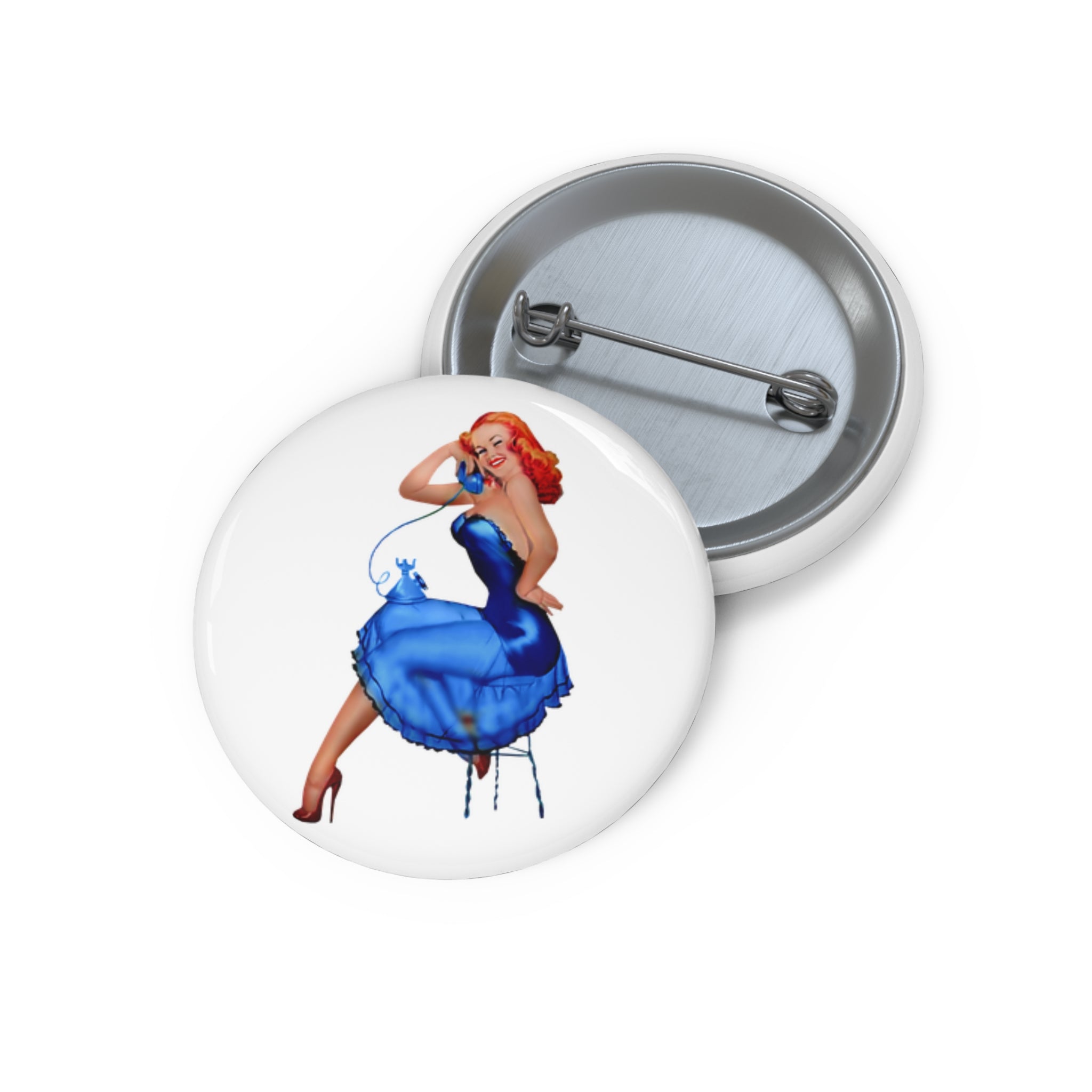 Blue Dress Pin-Up Girl Pin – Retro Vintage Girl Button