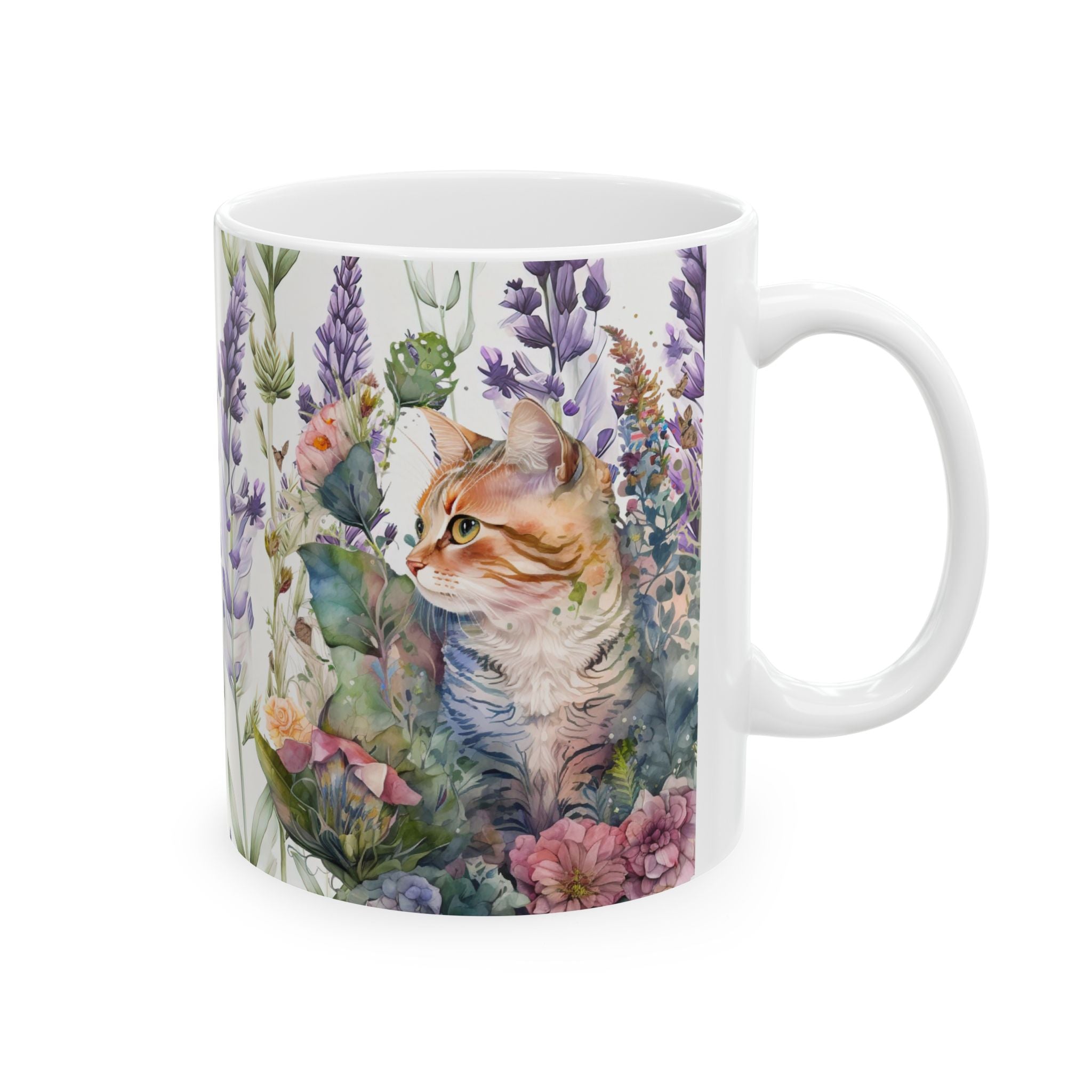 Botanical Cat Mug – Watercolor Floral Kitty Coffee Cup