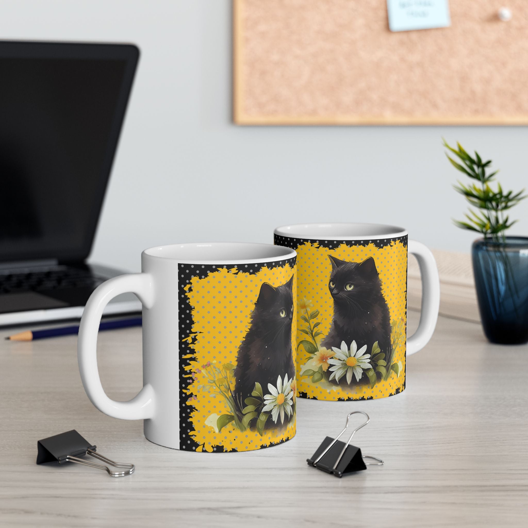 Black Cat Daisy Mug – Cute Floral Cat Aesthetic Coffee Cup