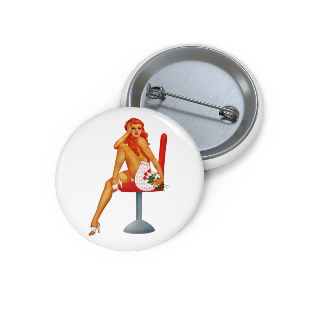 Vintage Valentine Pin-Up Button Pin – Retro Redhead with Roses