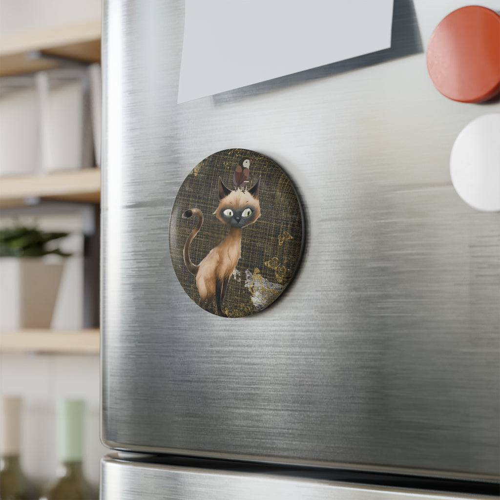 Curious Siamese Cat Magnet – Whimsical Cat & Bird Art Design