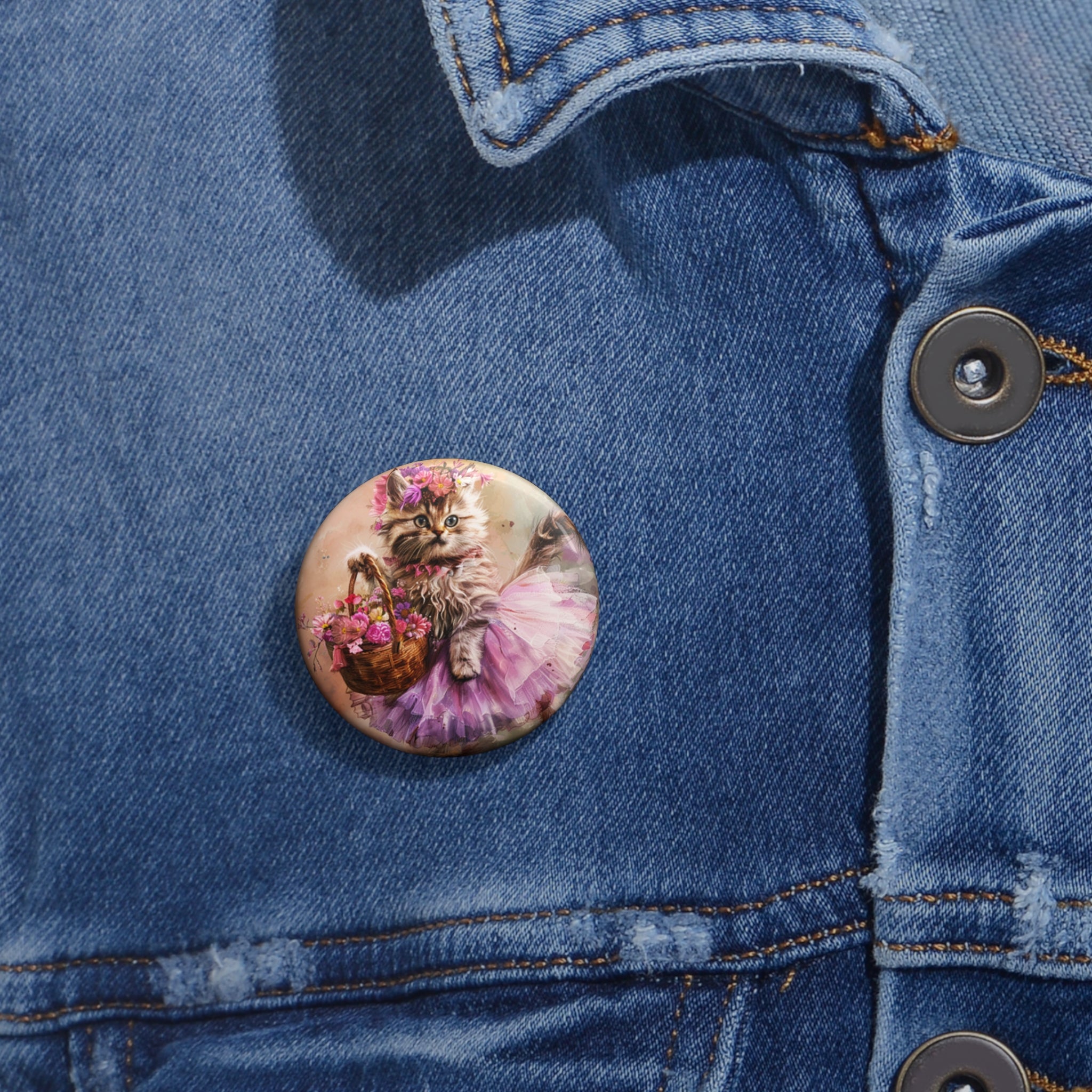Blushing Petal Kitten Pin – Floral Watercolor Cat Button