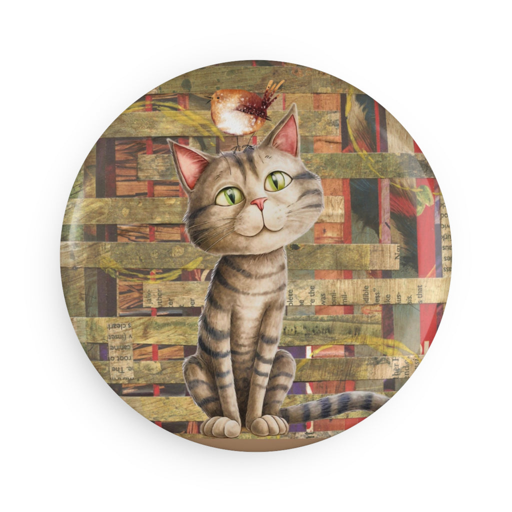Curious Tabby Cat Magnet – Whimsical Cat & Bird Collage Art