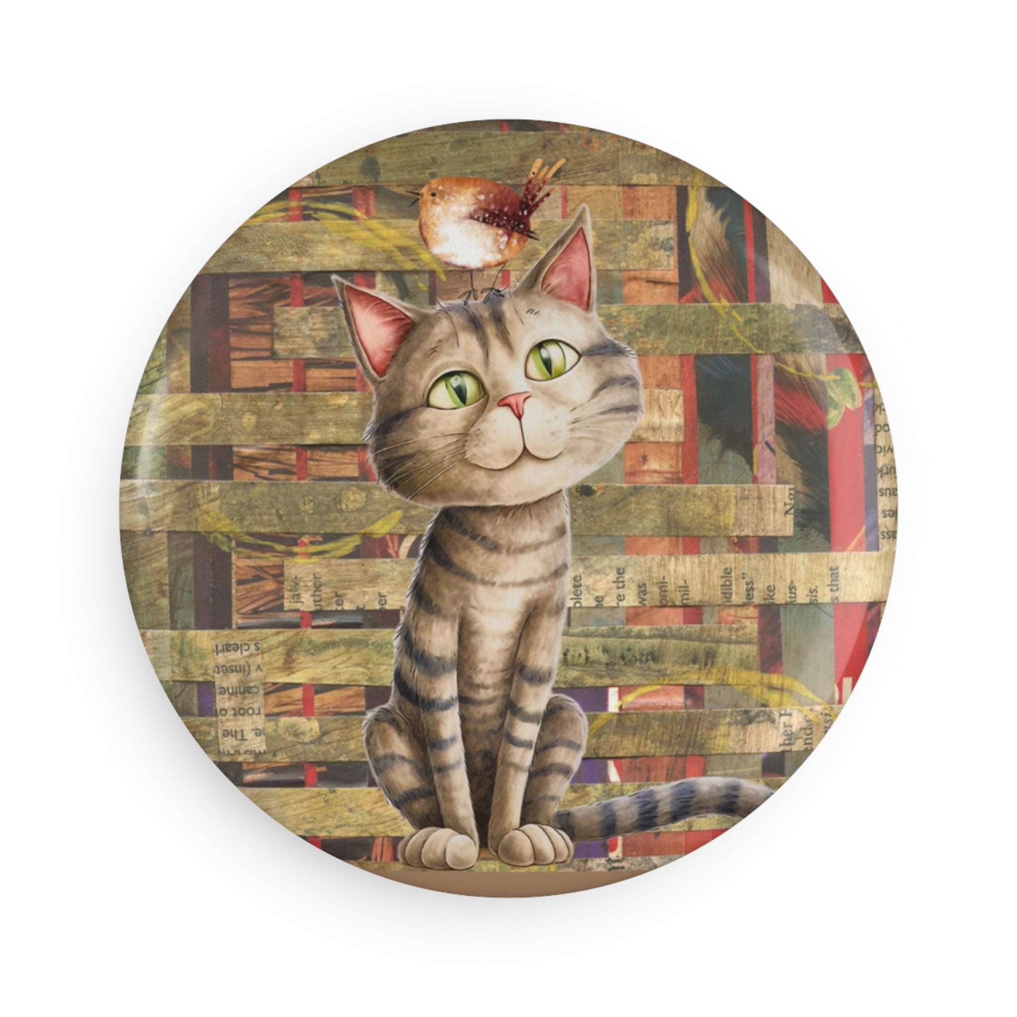 Curious Tabby Cat Magnet – Whimsical Cat & Bird Collage Art