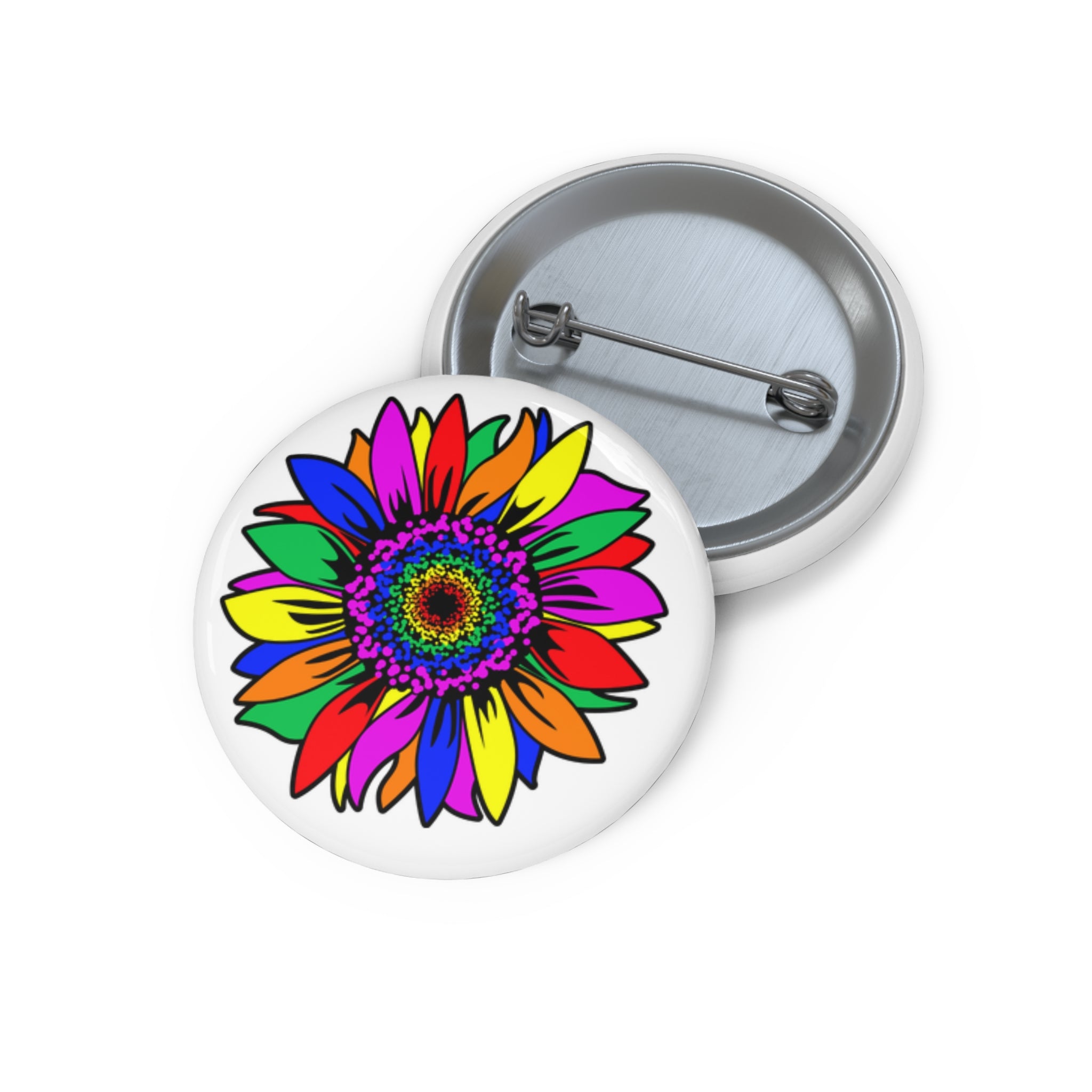 Rainbow Floral Burst Button Pin – Bold Colorful Flower Design