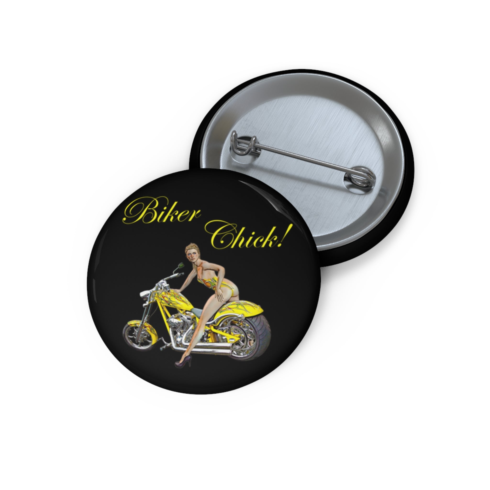 “Biker Chick!” Pin-Up Button Pin – Retro Motorcycle Style
