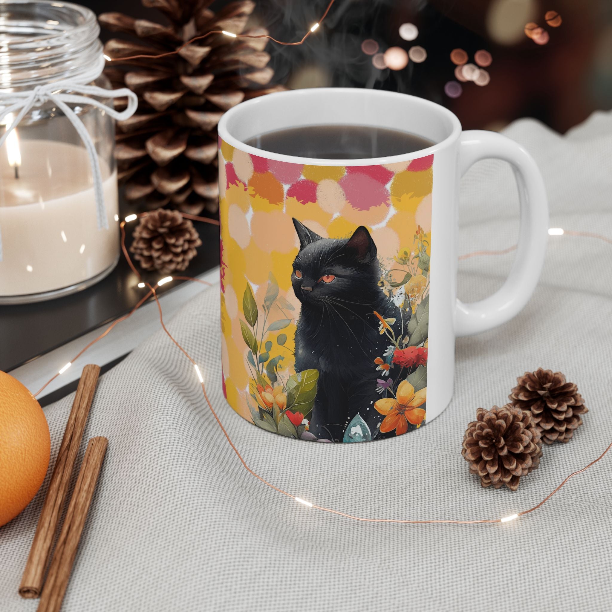 Mystic Black Cat Mug – Aesthetic Floral Cat Art Coffee Cup
