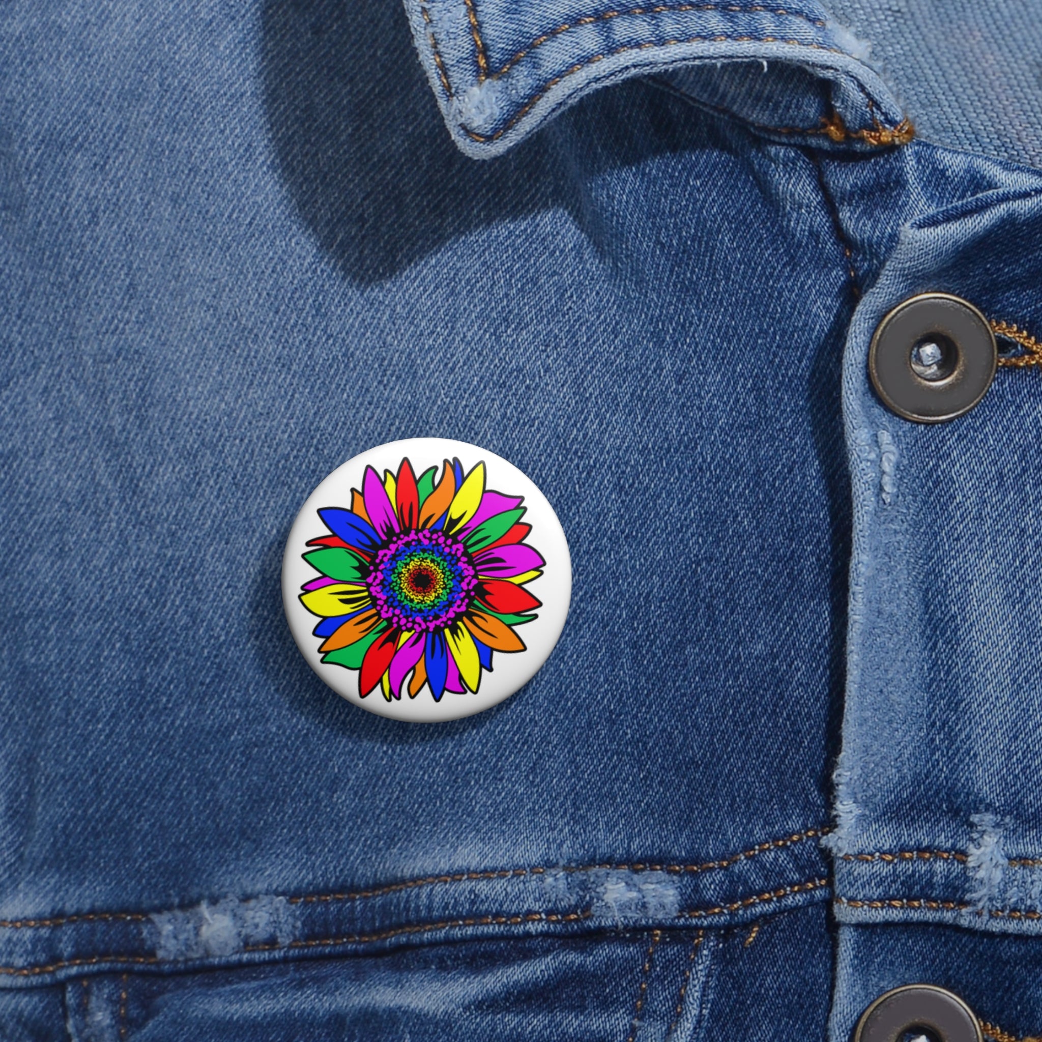 Rainbow Floral Burst Button Pin – Bold Colorful Flower Design