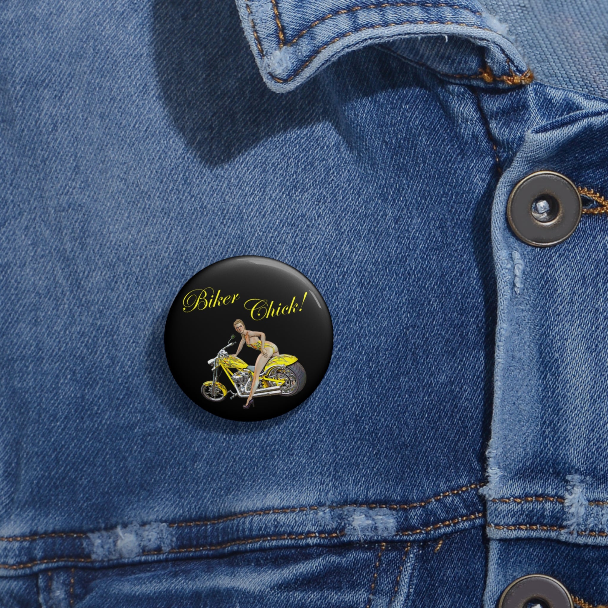 “Biker Chick!” Pin-Up Button Pin – Retro Motorcycle Style
