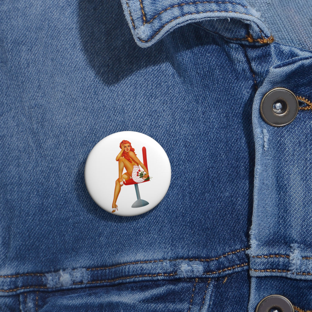 Vintage Valentine Pin-Up Button Pin – Retro Redhead with Roses