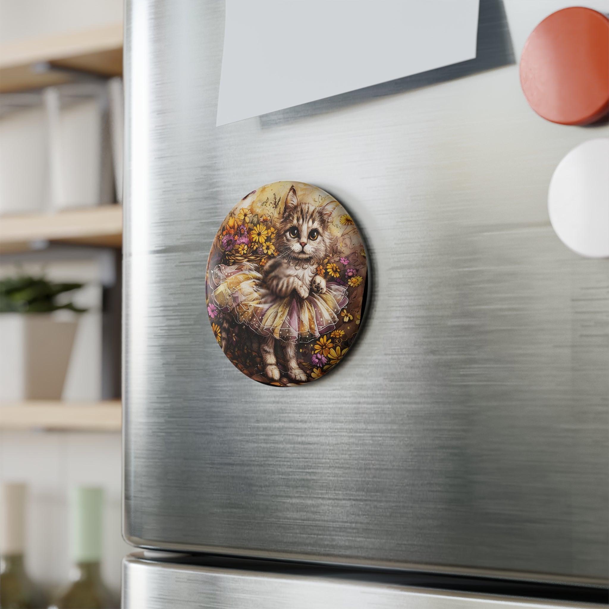 Cute Floral Cat Magnet – Whimsical Kitten Art Fridge Magnet