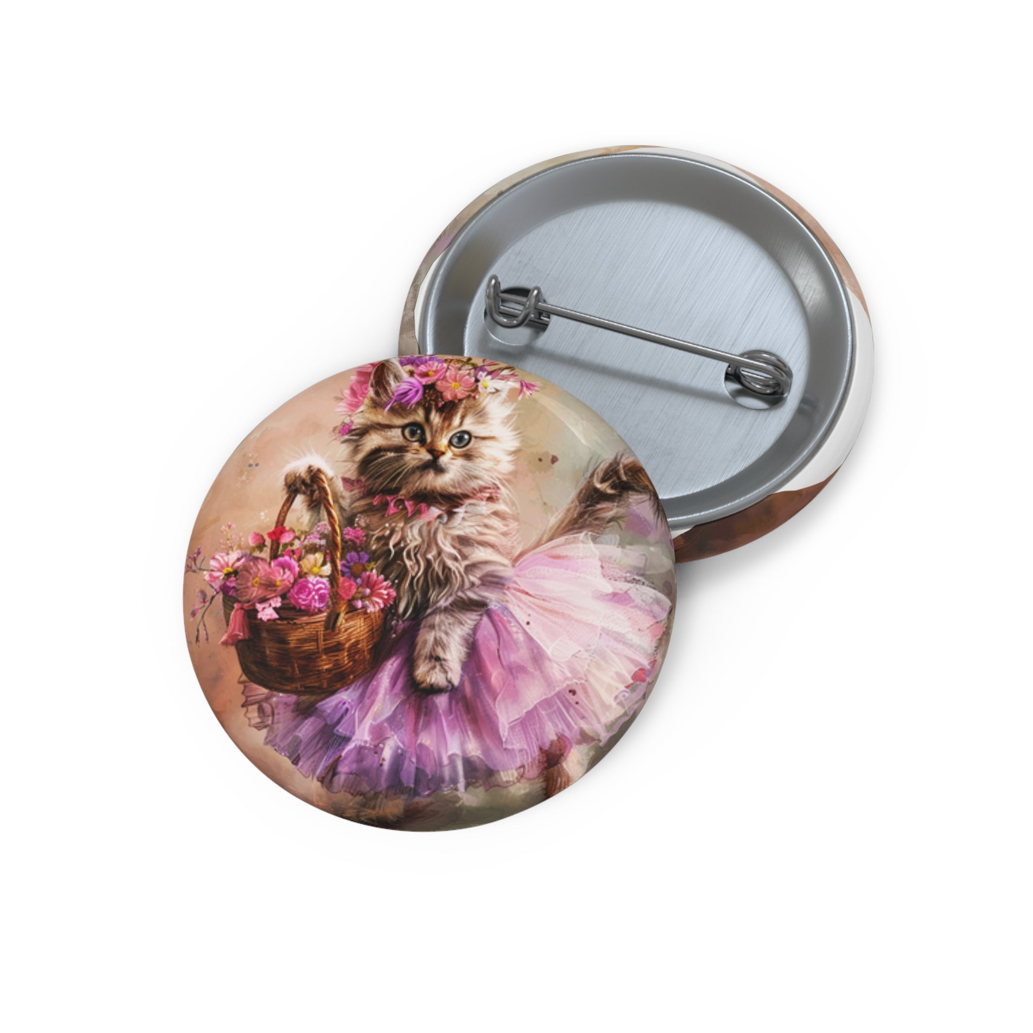 Blushing Petal Kitten Pin – Floral Watercolor Cat Button