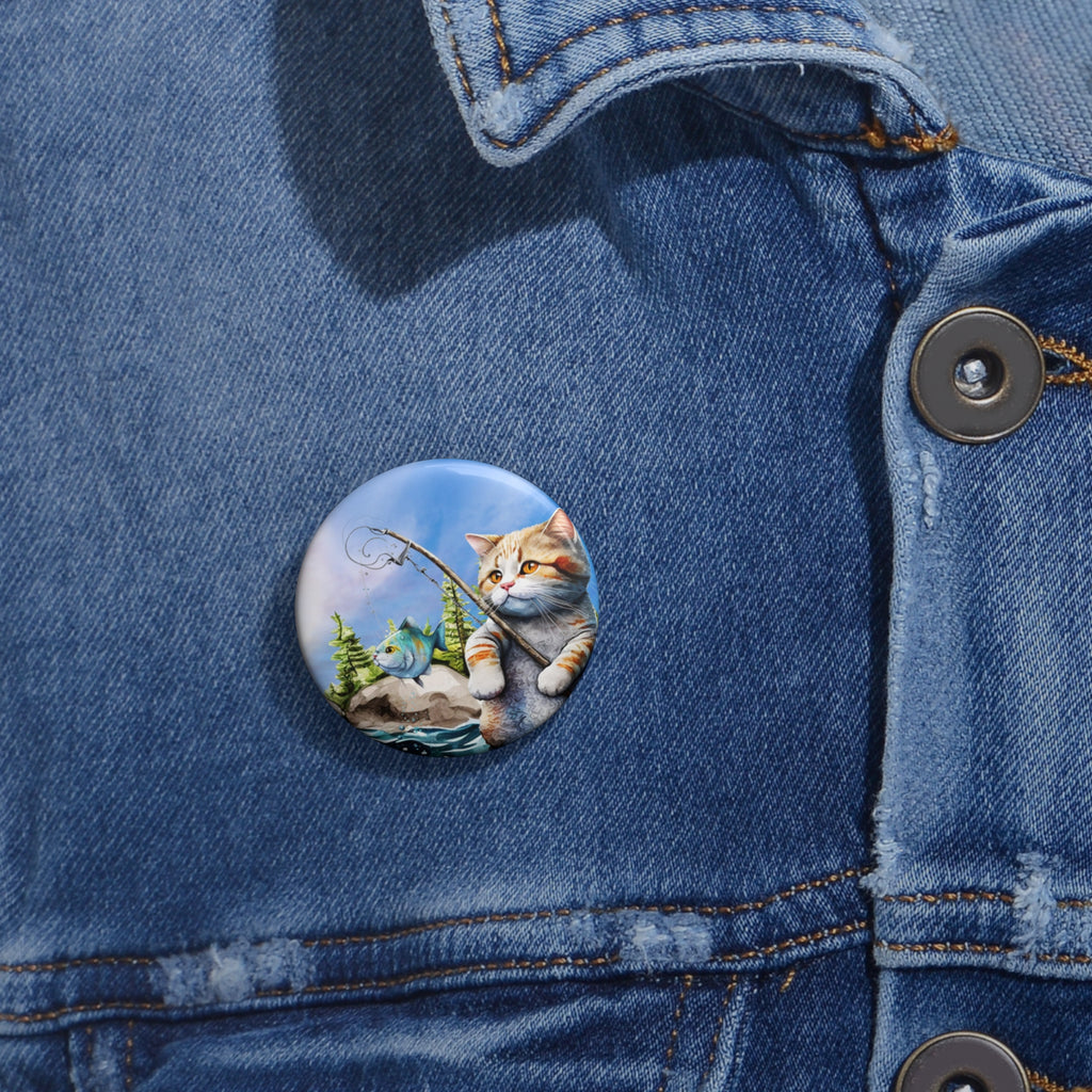 Fishing Cat Pin – Whimsical Cat Catching Fish Button