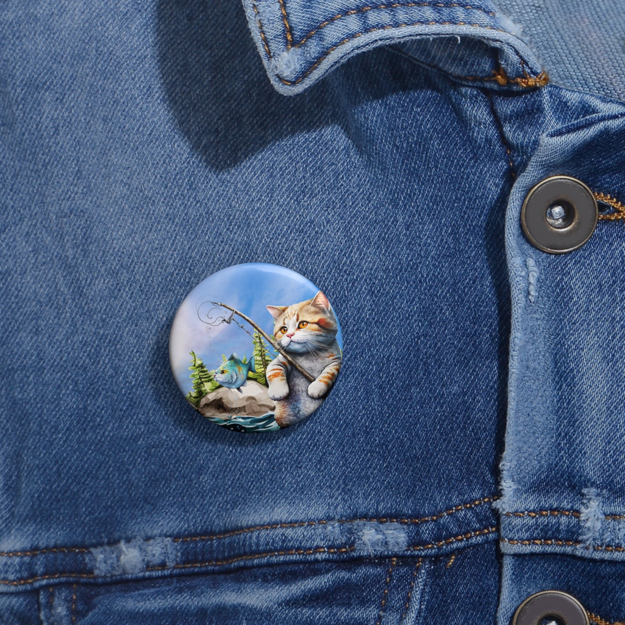 Fishing Cat Pin – Whimsical Cat Catching Fish Button