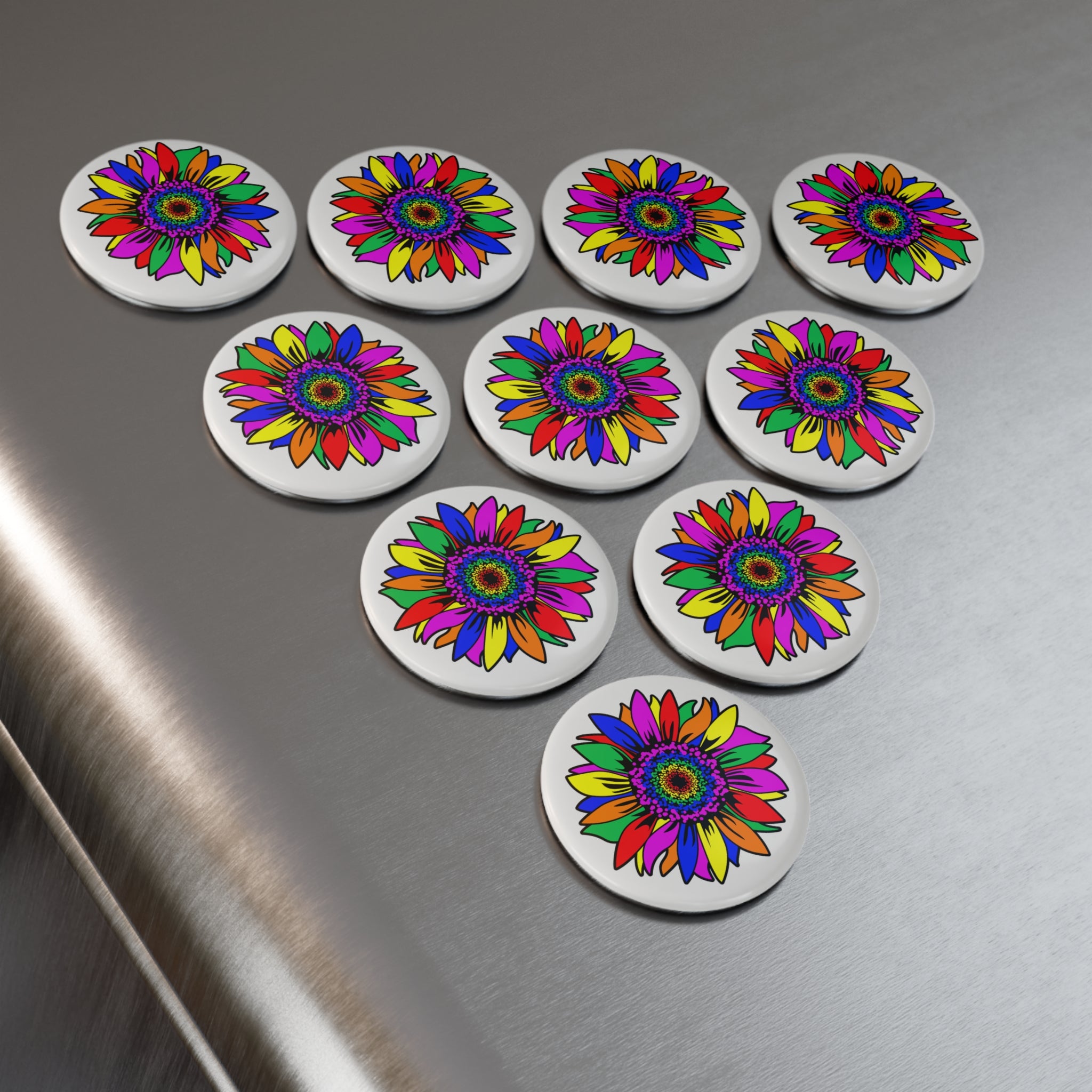 Rainbow Floral Burst Magnet – Vibrant Psychedelic Flower Design