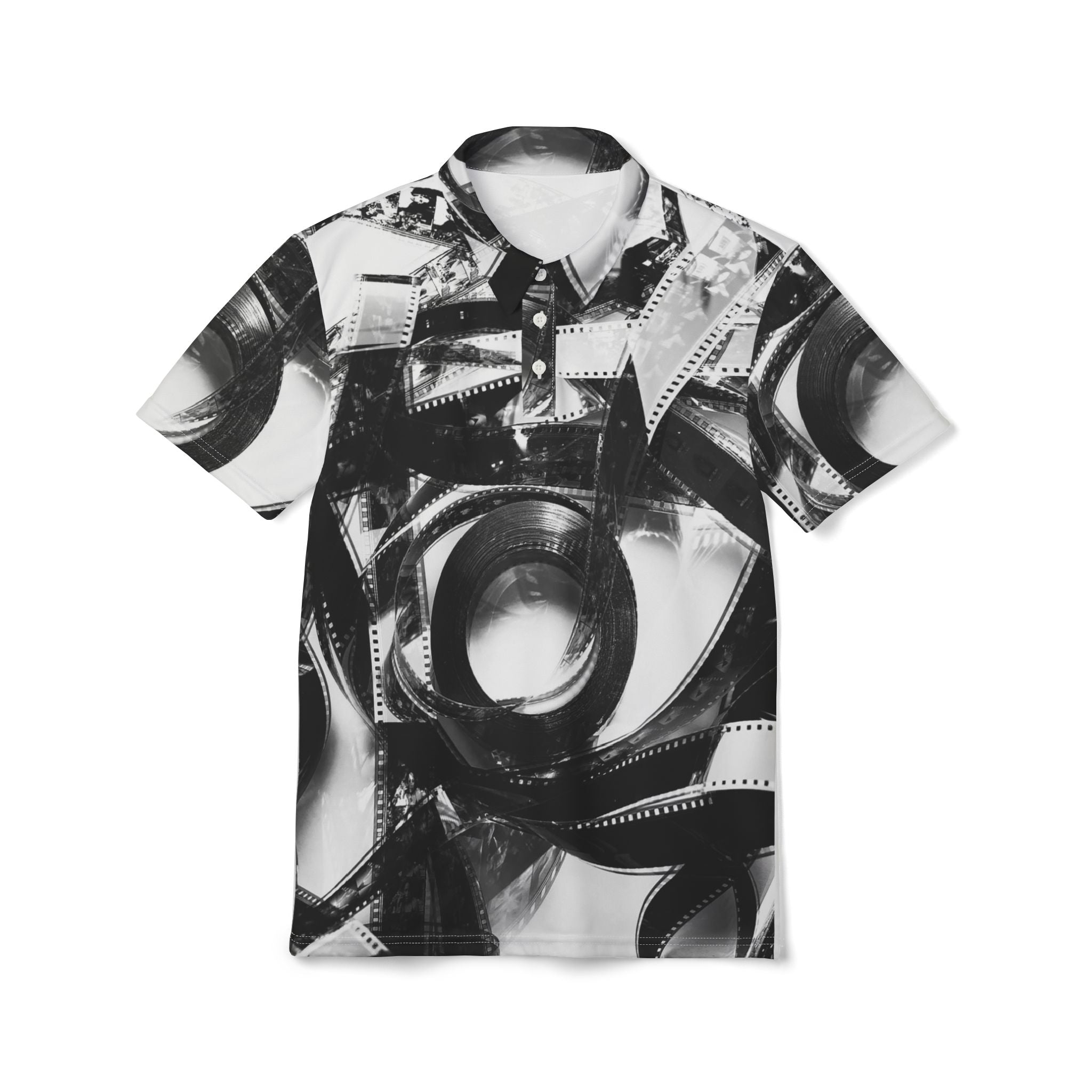 Black & White Film Reel Polo Shirt — Vintage Photography Pattern