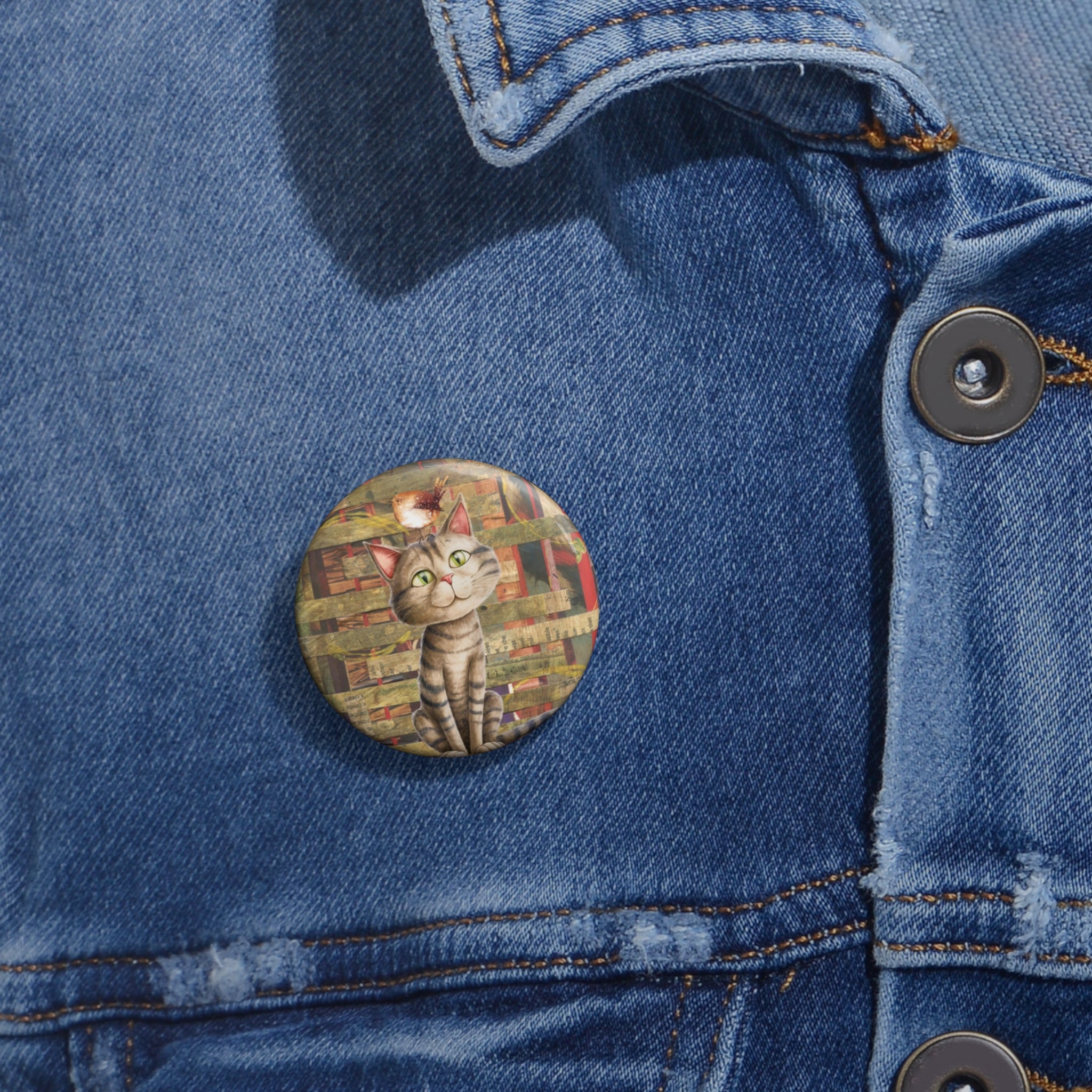 Curious Tabby Cat Pin – Whimsical Cat & Bird Collage Button