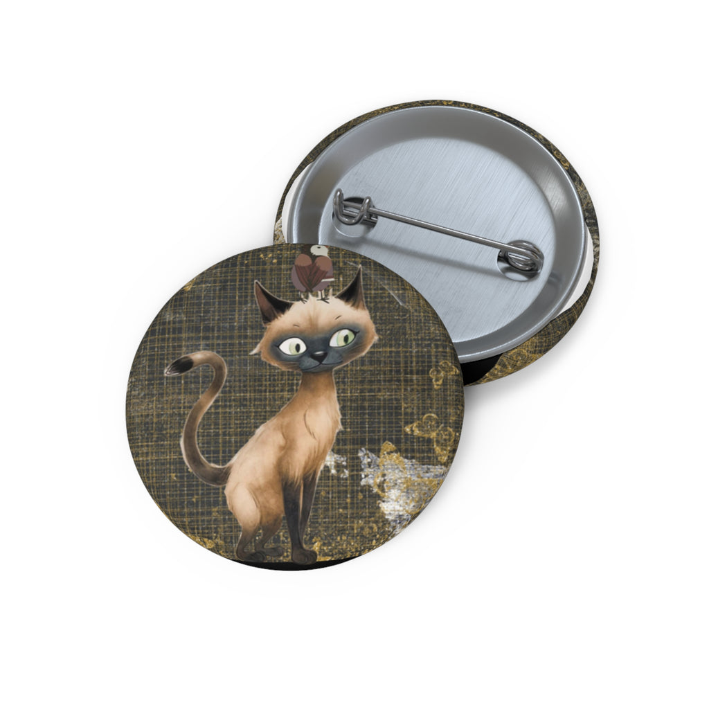 Curious Siamese Cat Pin – Whimsical Cat & Bird Button