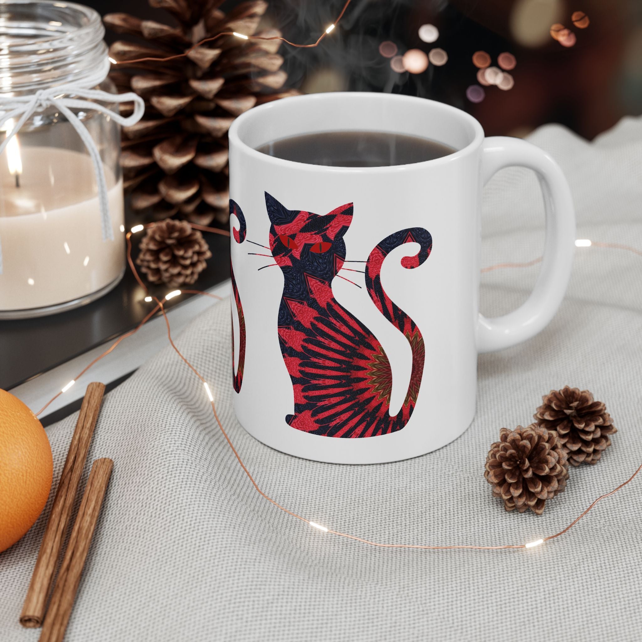Crimson Shadow Cat Mug – Abstract Red & Black Art Coffee Cup