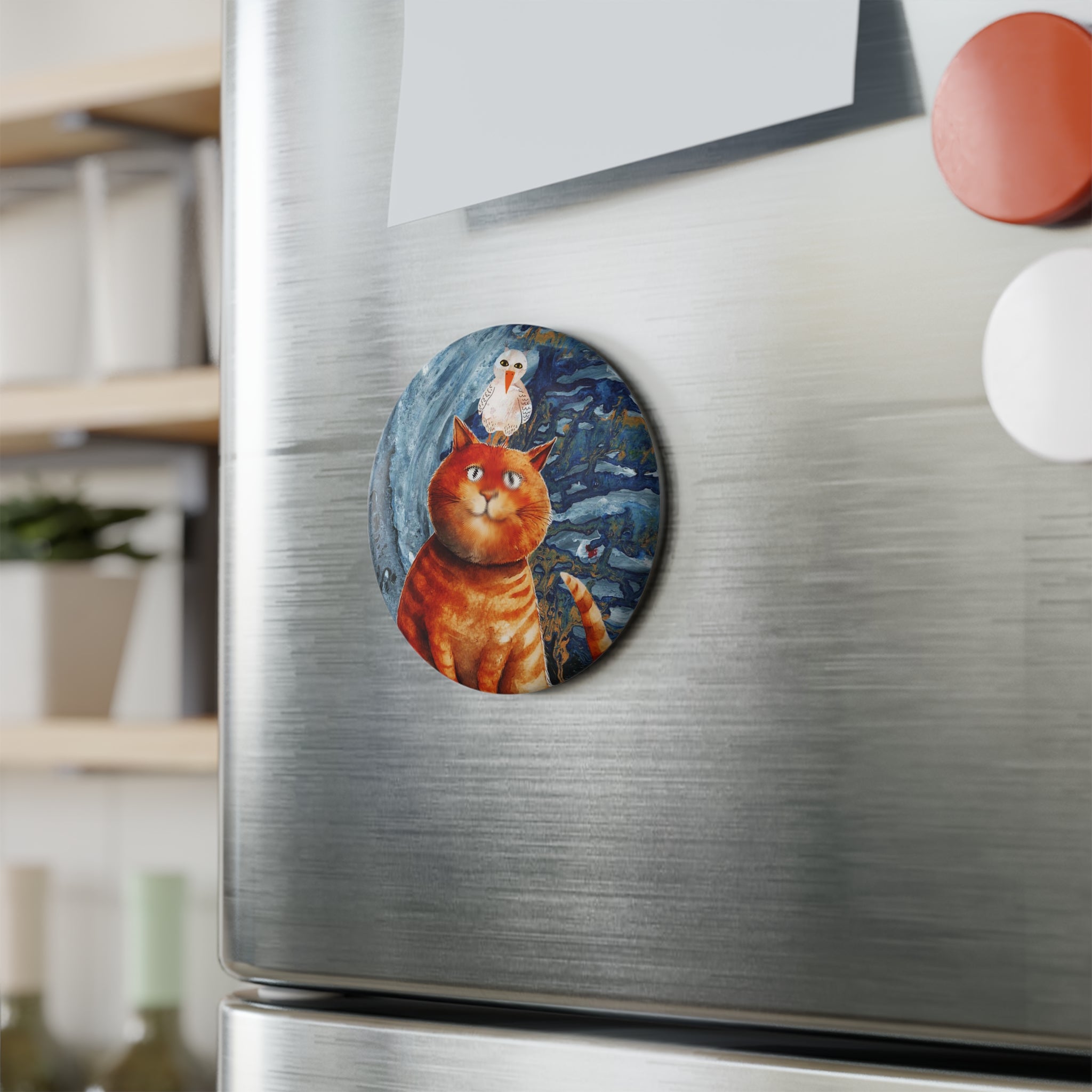 Chill Orange Cat Magnet – Funny Cat & Bird Duo Whimsical Art