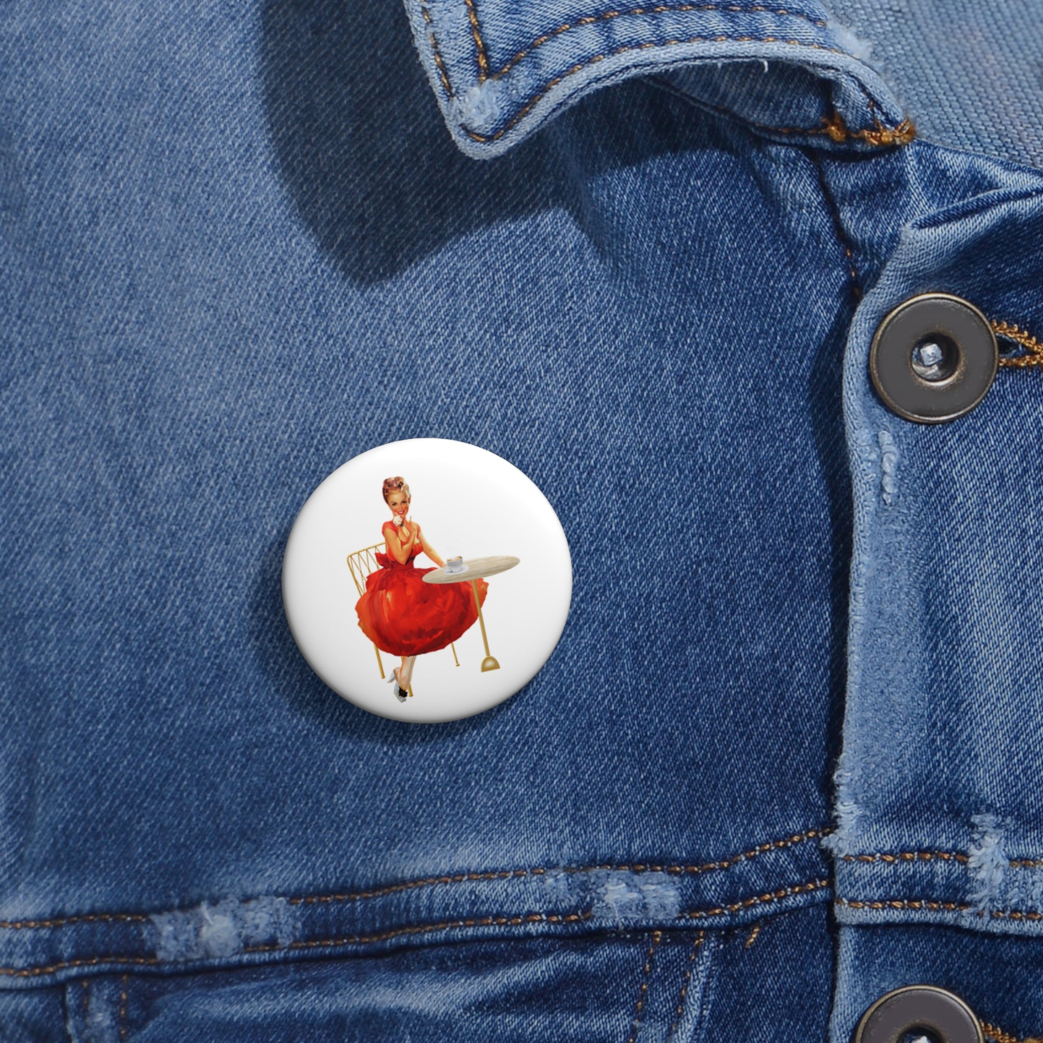 Vintage Red Dress Pin-Up Button Pin – Retro Café Glam