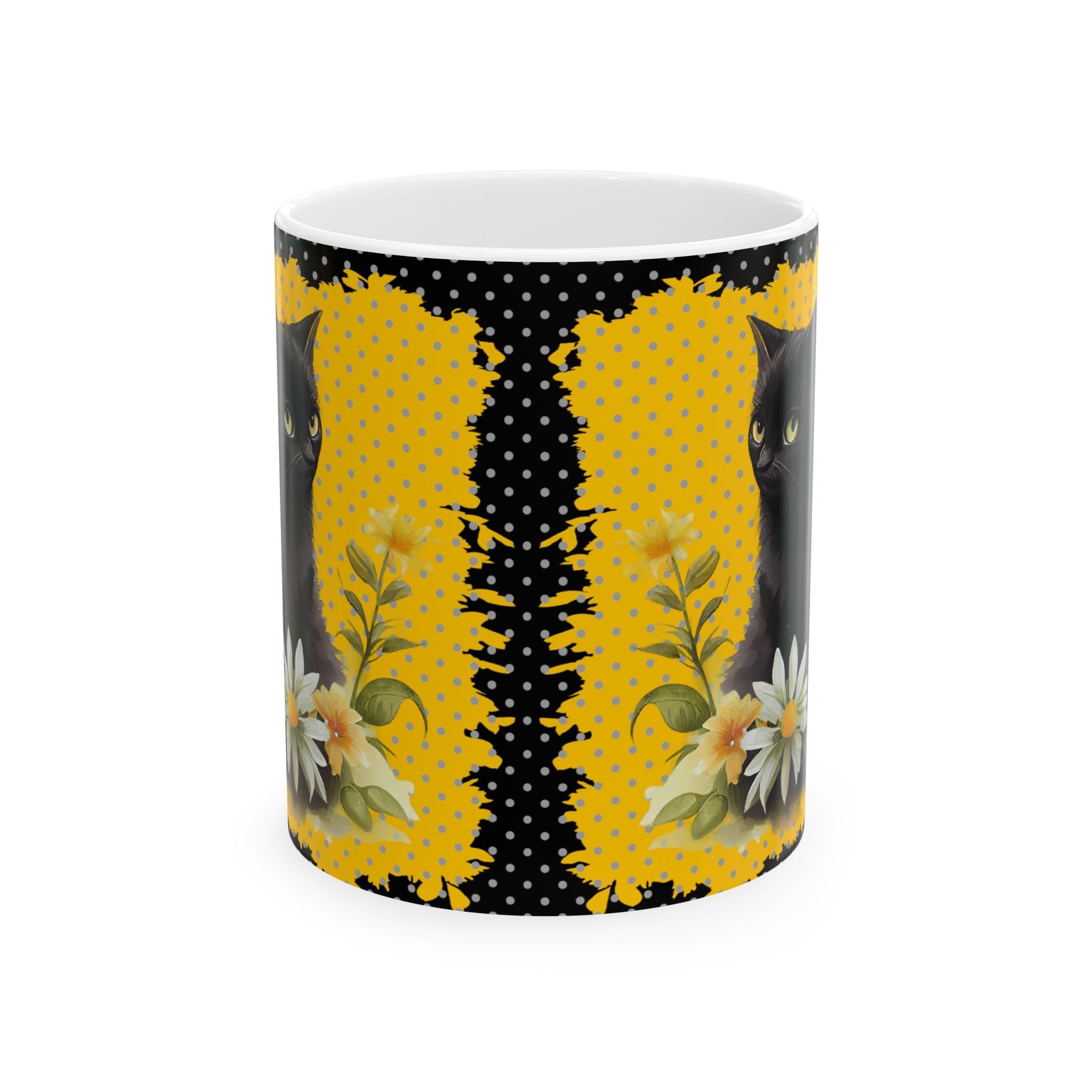 Black Cat Daisy Mug – Cute Floral Cat Aesthetic Coffee Cup