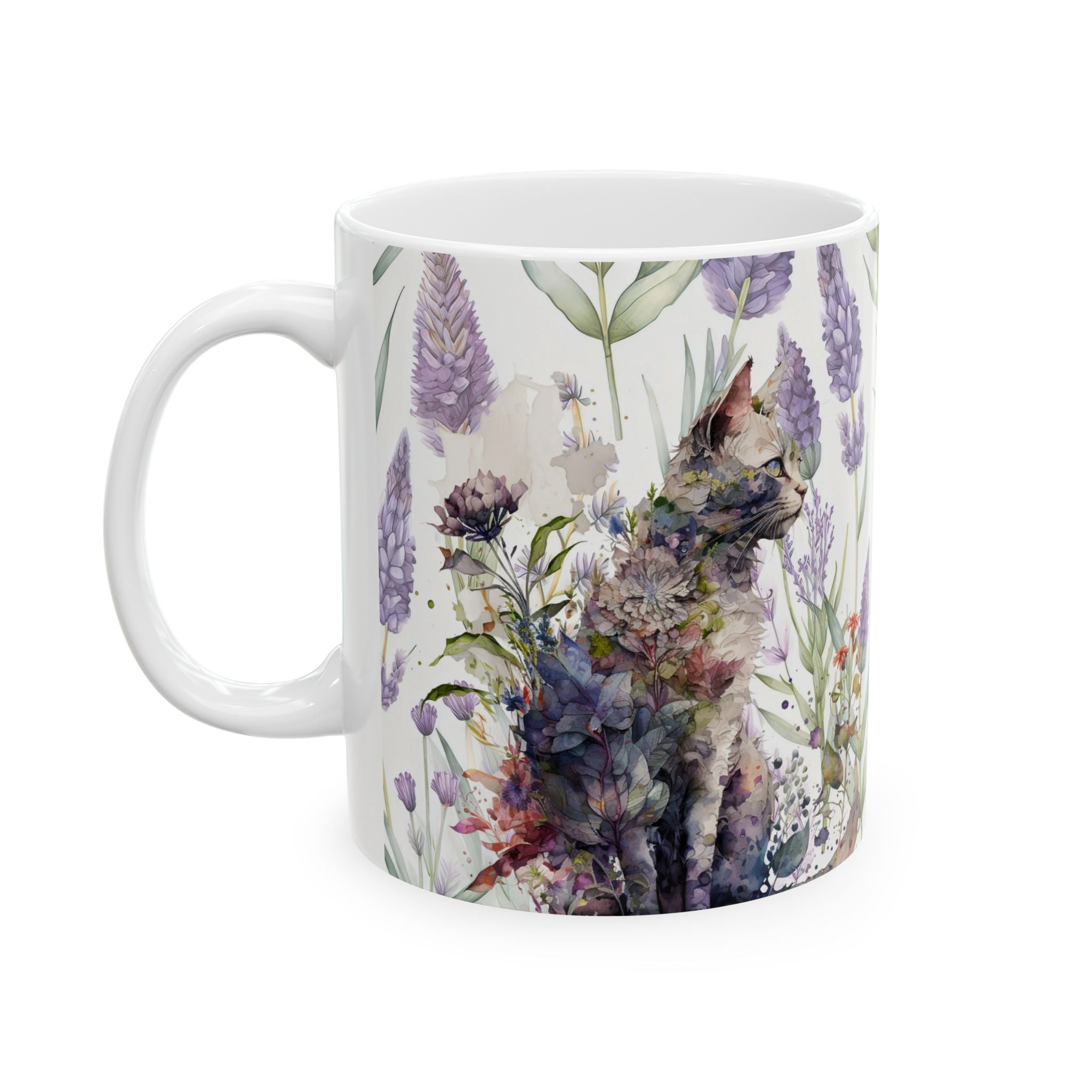 Floral Cat Art Mug – Watercolor Botanical Cat Coffee Cup