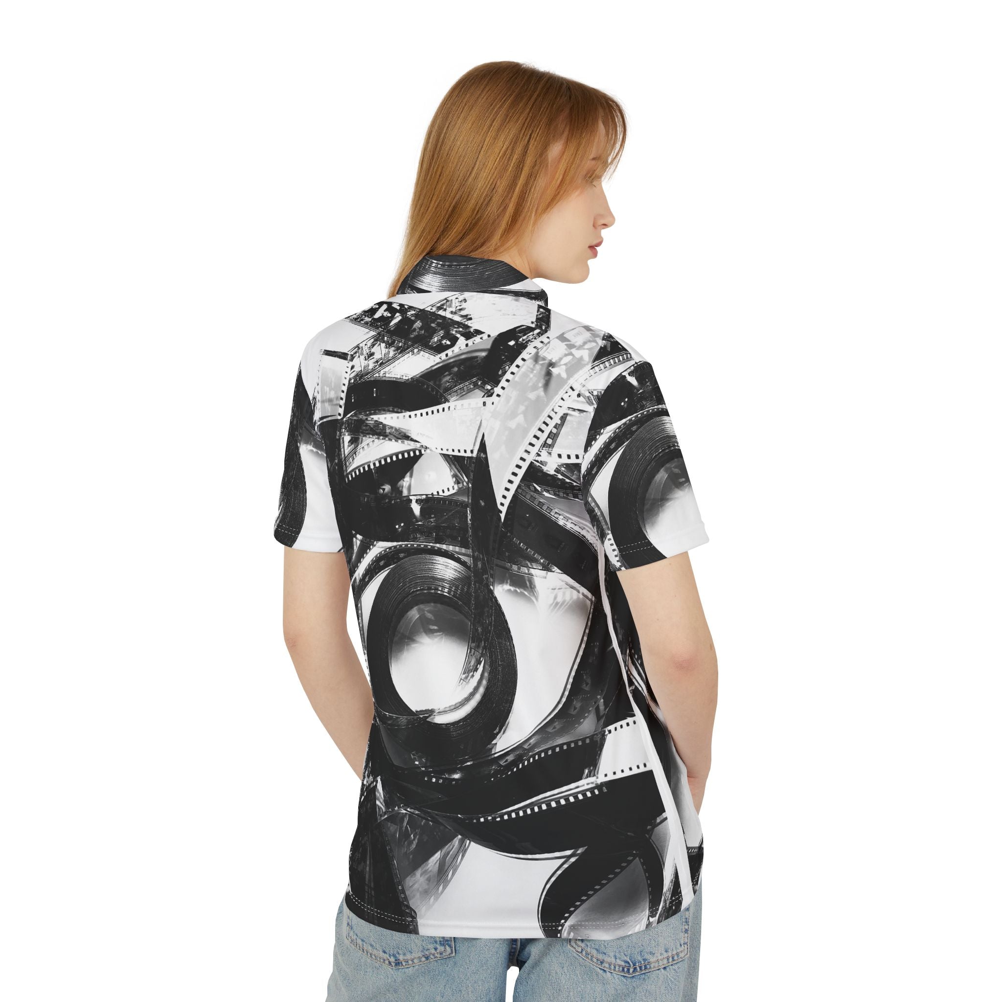 Black & White Film Reel Polo Shirt — Vintage Photography Pattern