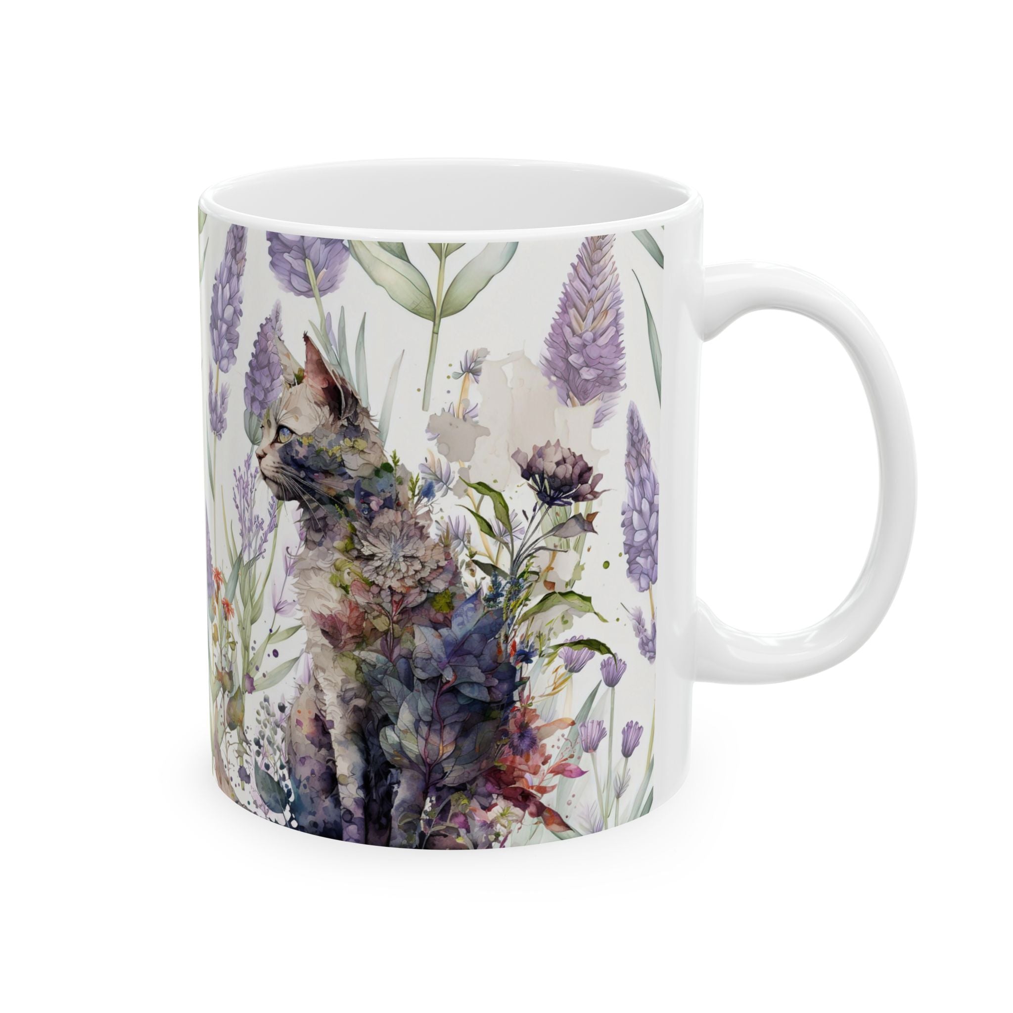 Floral Cat Art Mug – Watercolor Botanical Cat Coffee Cup