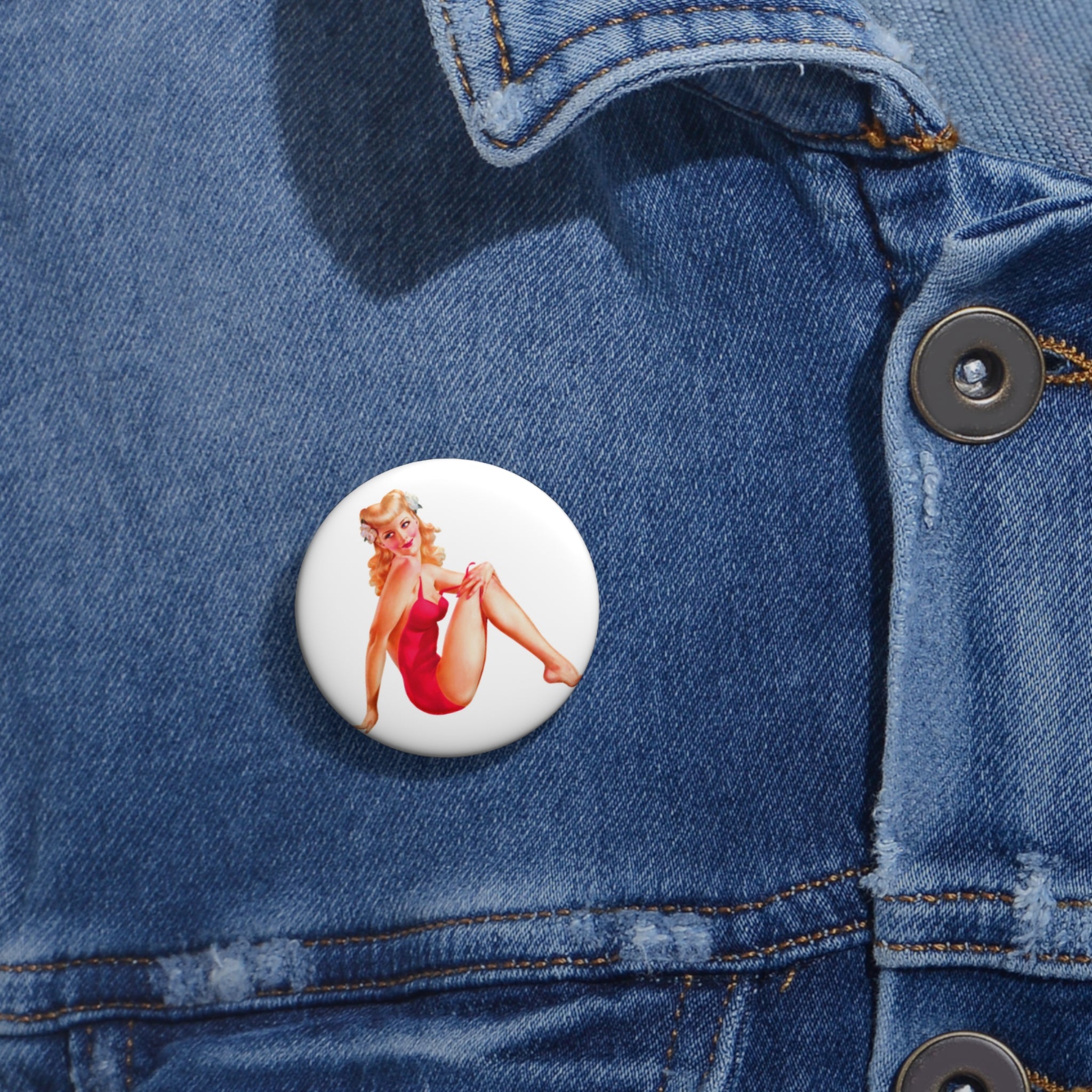 Classic Red Swimsuit Pin-Up Button Pin – Vintage Bombshell Style
