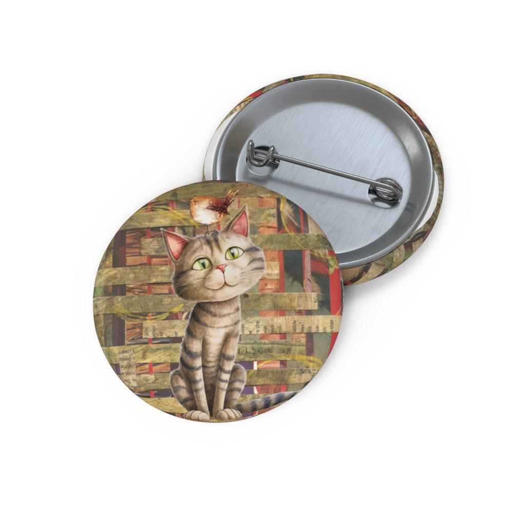 Curious Tabby Cat Pin – Whimsical Cat & Bird Collage Button