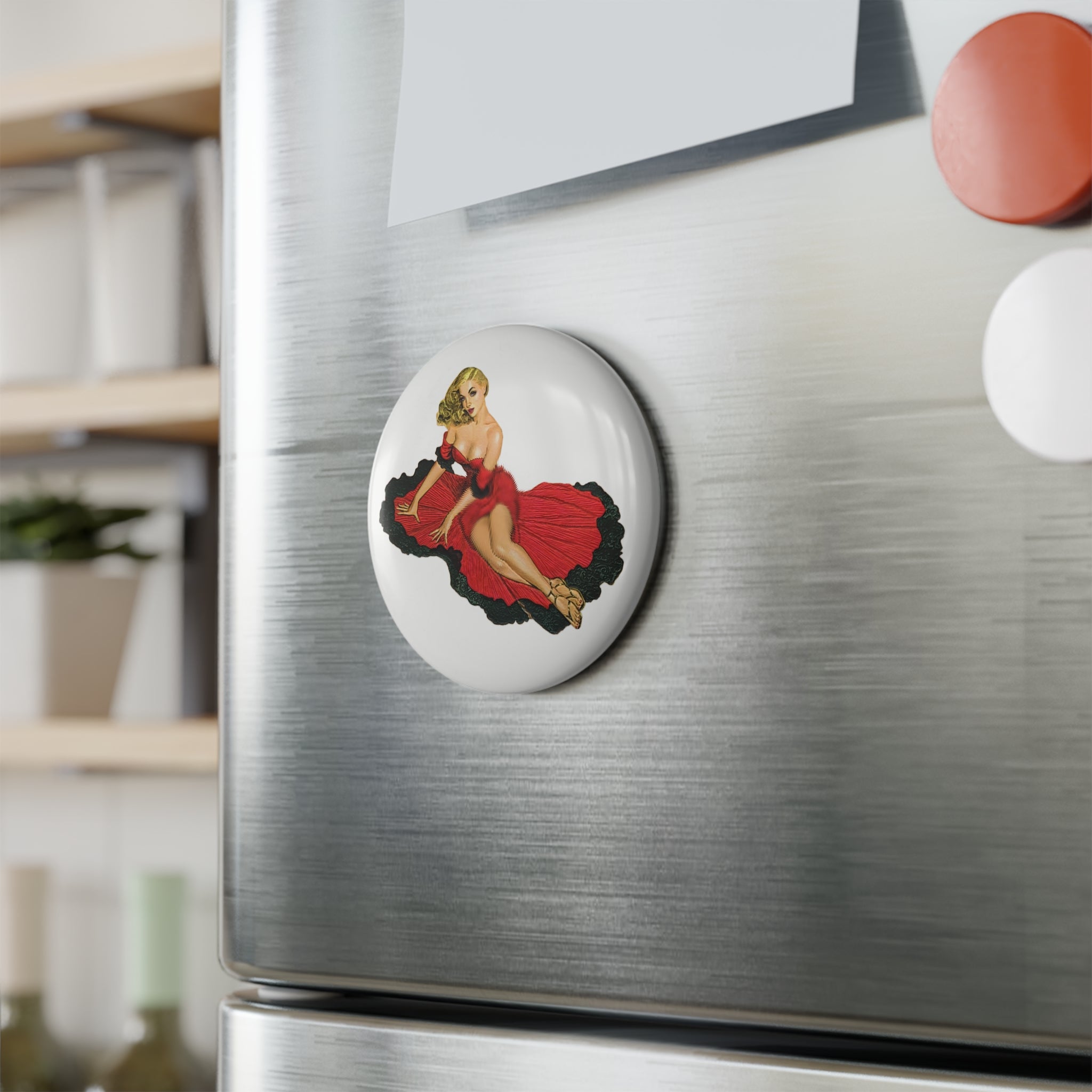 Black & Red Pin-Up Girl Magnet – Retro Vintage Girl Art Decor