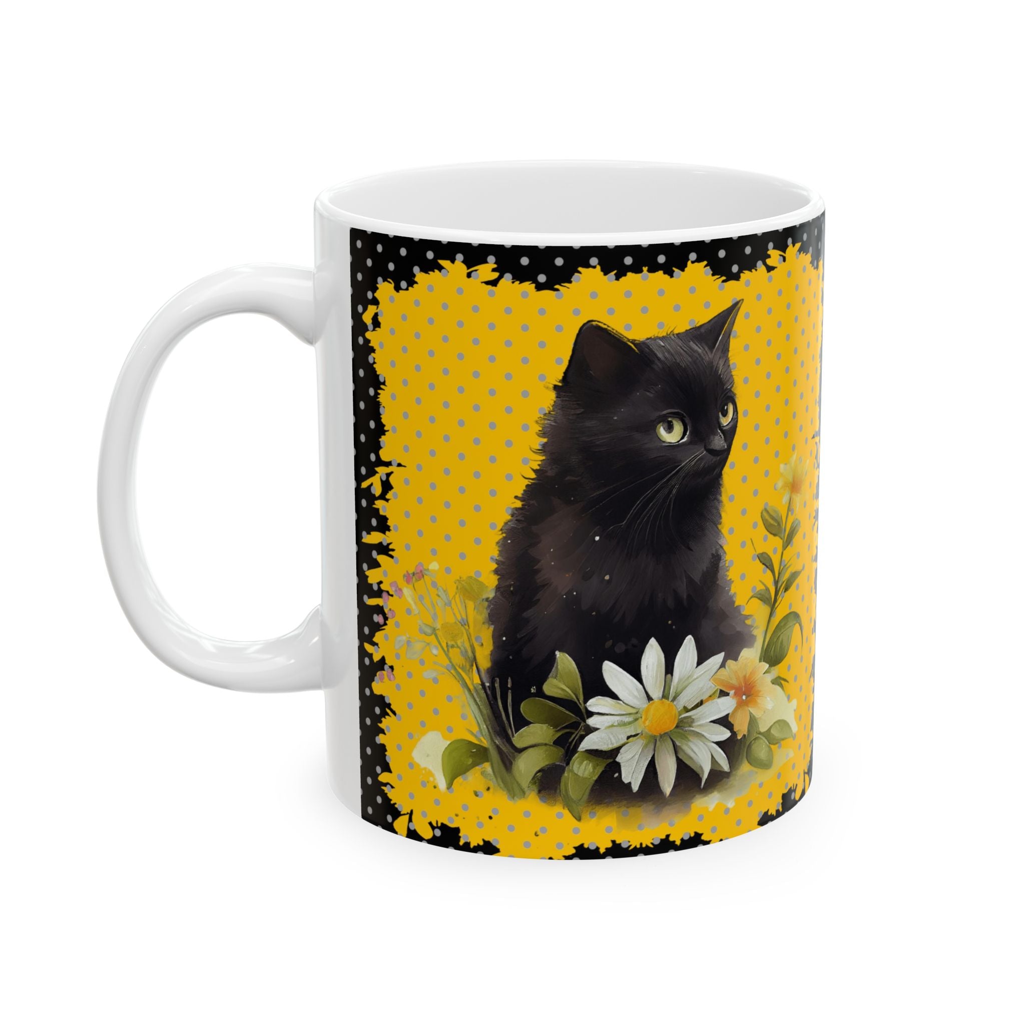 Black Cat Daisy Mug – Cute Floral Cat Aesthetic Coffee Cup