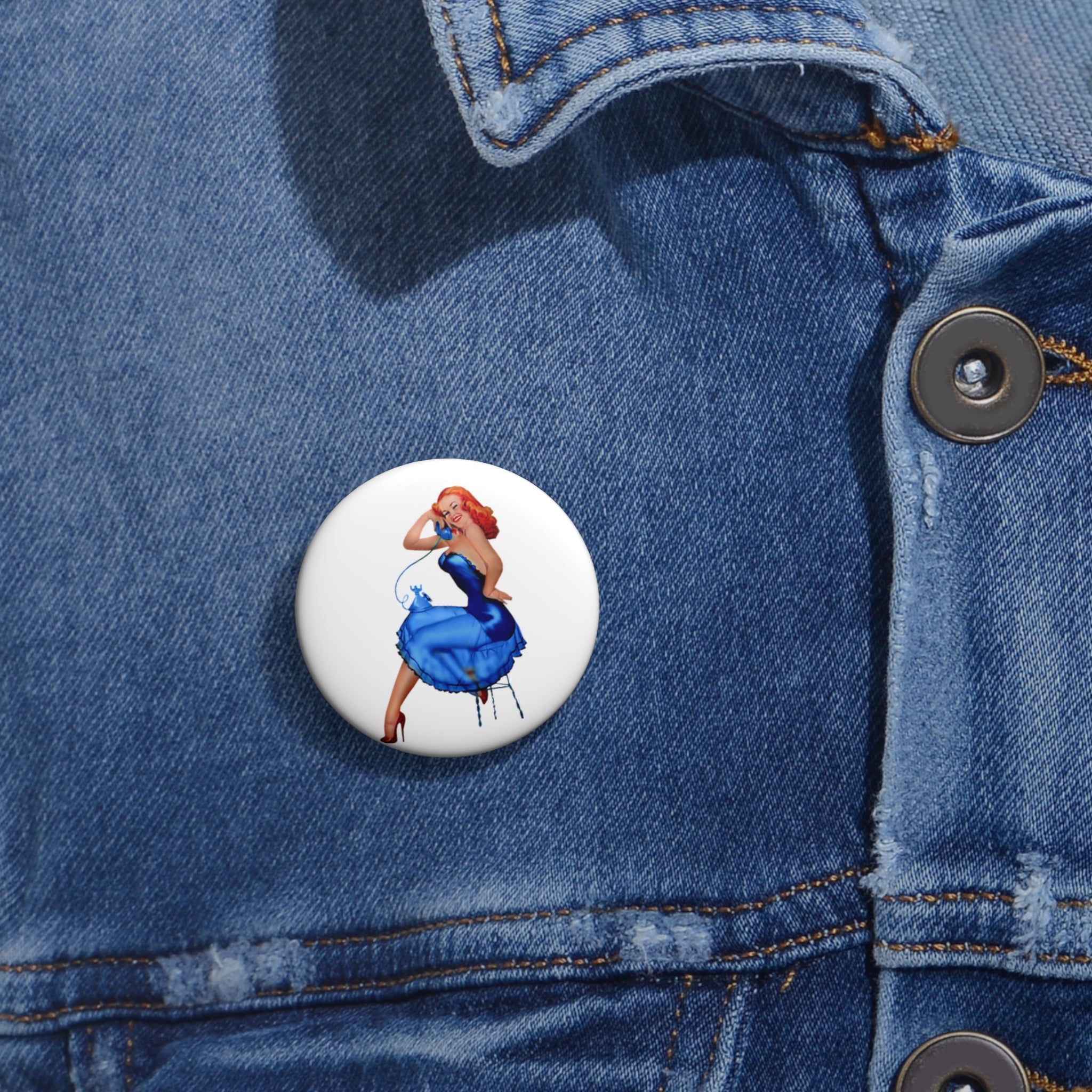 Blue Dress Pin-Up Girl Pin – Retro Vintage Girl Button