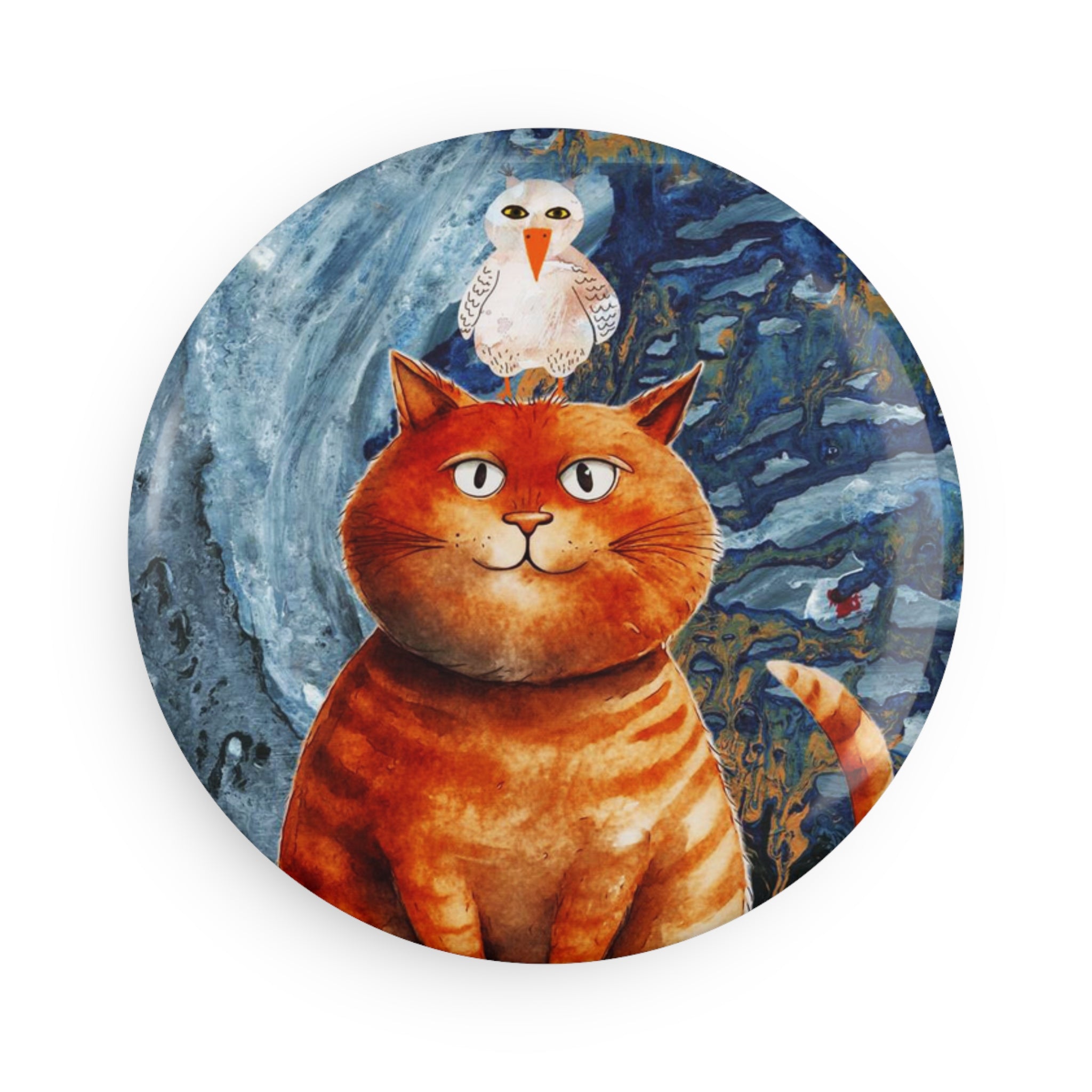 Chill Orange Cat Magnet – Funny Cat & Bird Duo Whimsical Art