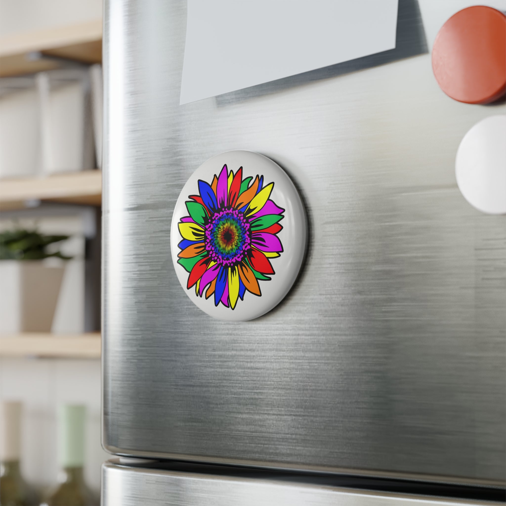 Rainbow Floral Burst Magnet – Vibrant Psychedelic Flower Design