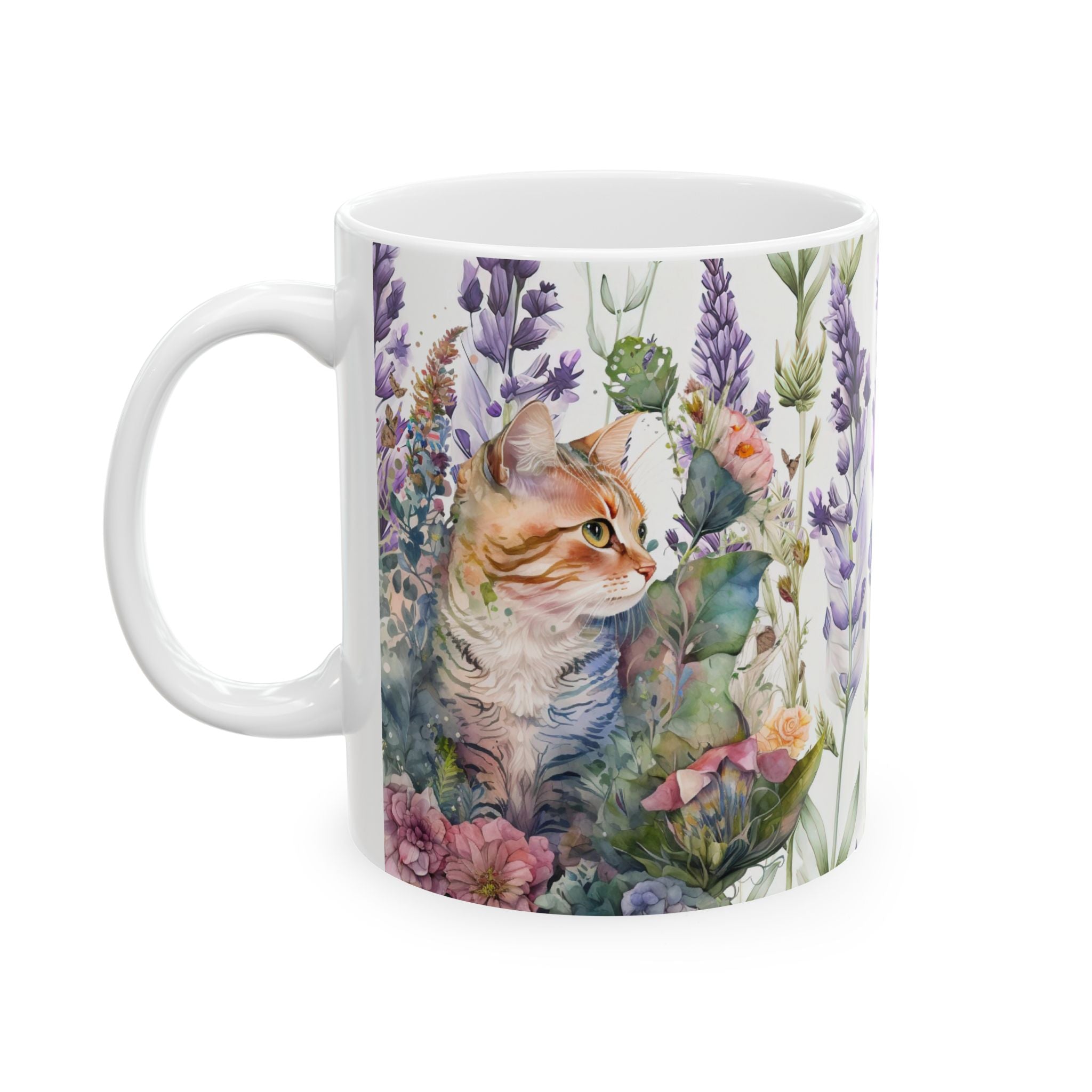 Botanical Cat Mug – Watercolor Floral Kitty Coffee Cup