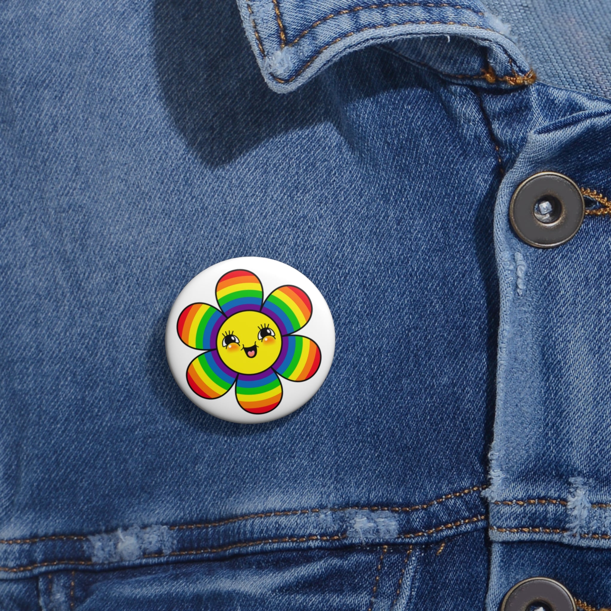 Rainbow Smiley Flower Button Pin – Cute & Happy Vibes
