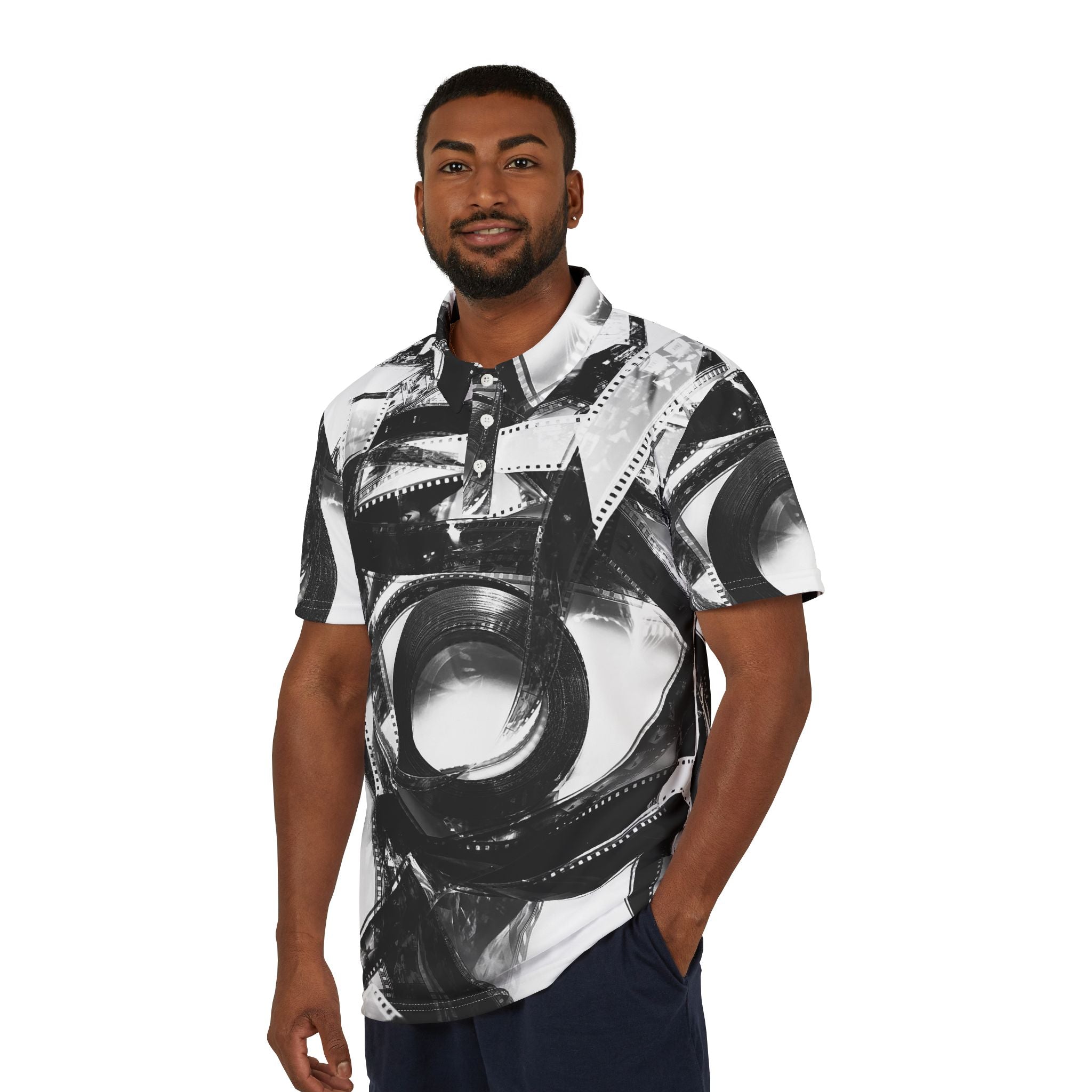Black & White Film Reel Polo Shirt — Vintage Photography Pattern