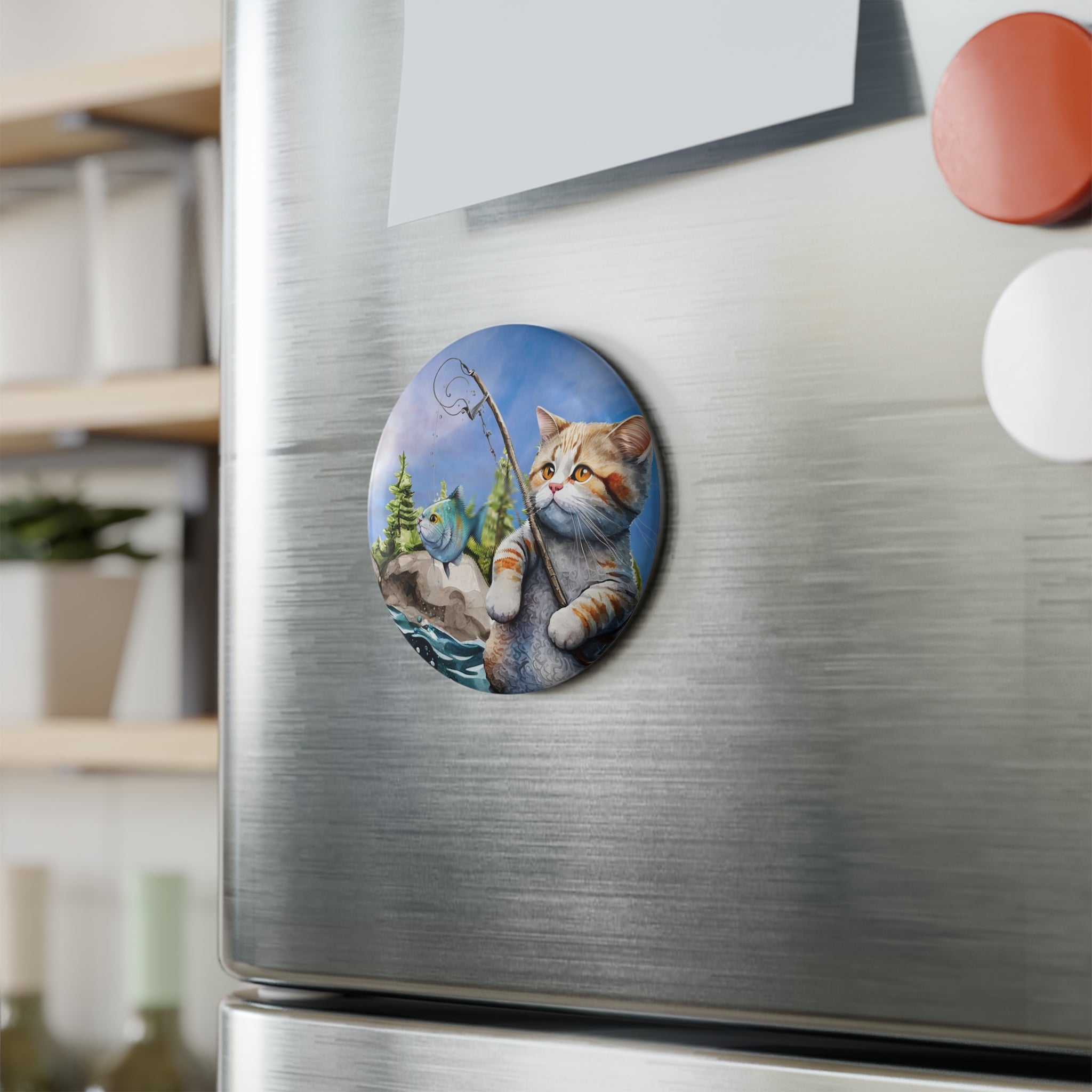 Fishing Cat Magnet – Whimsical Cat Catching Fish Art