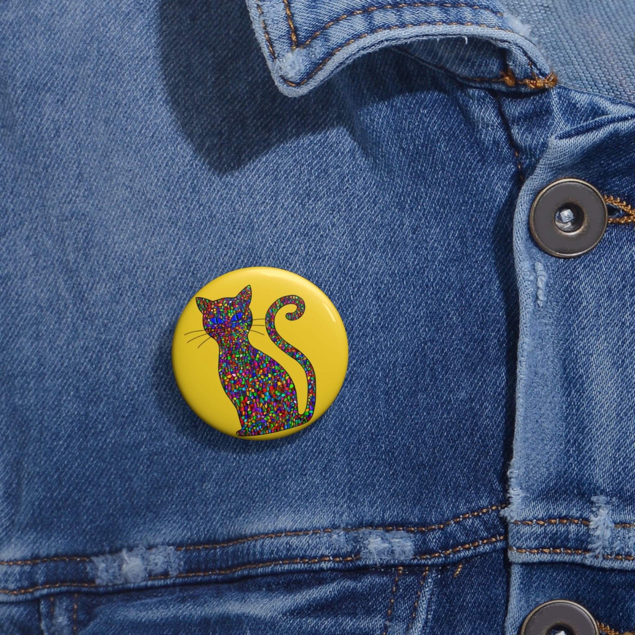 Mosaic Cat Pin – Rainbow Mosaic Cat Silhouette Bright Yellow Pop Art Button