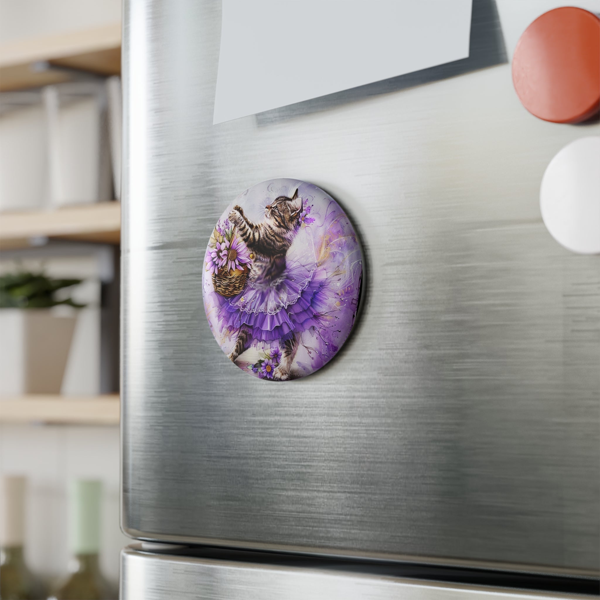 Lavender Leap Kitten Magnet – Whimsical Ballet Cat Floral Art